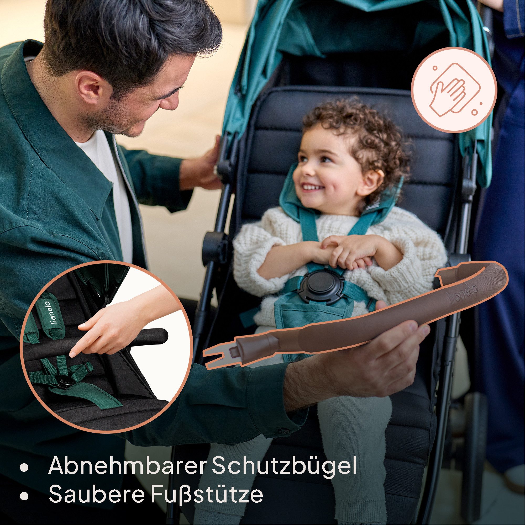 lionelo Kinder-Buggy MIRA, (Set mit Getränkehalter und Moskitonetz), XXL-Verdeck/UPF50+/92 cm Liegefläche/großer Korb/PU-Räder