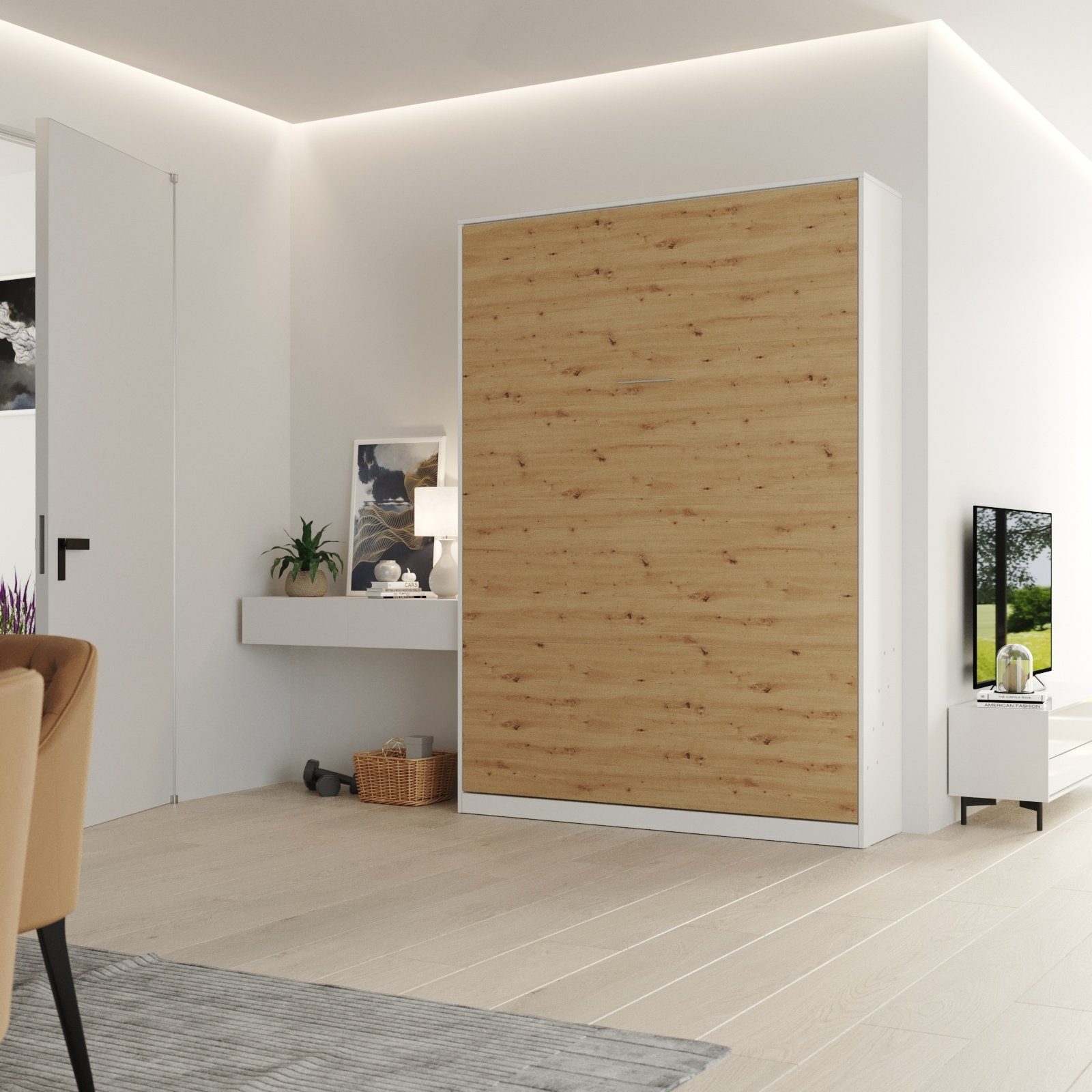 SMARTBett Schrankbett Classico 140x200 cm Vertikal Weiß/Wildeiche Wandbett, Wandklappbett Gasdruckfedern