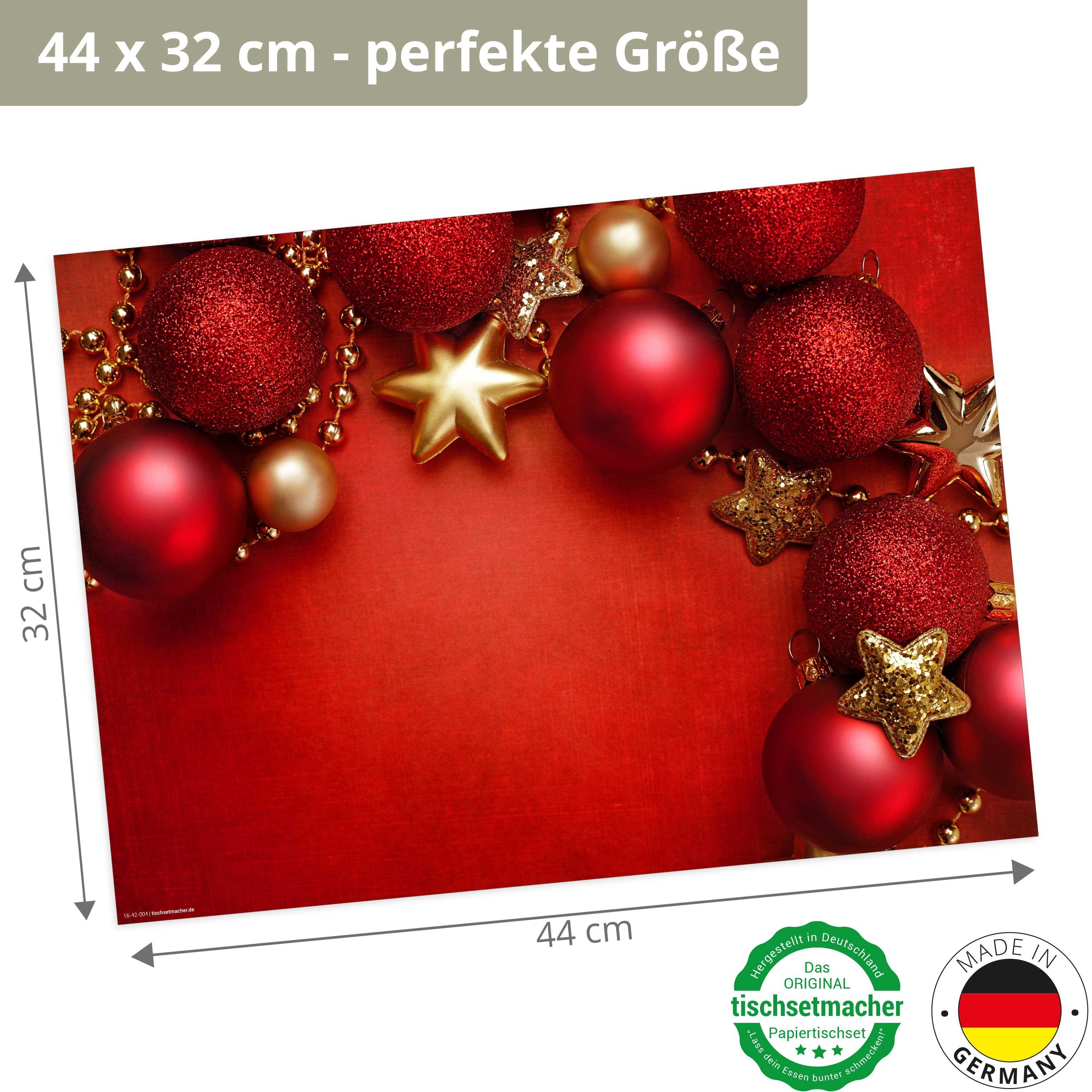 Tischsetmacher Platzset Tischsets I Platzsets - Weihnachten - Rote Kugeln rechts oben, (aus Naturpapier in Aufbewahrungsmappe, 12-St., 44 x 32 cm / rot), Made in Germany