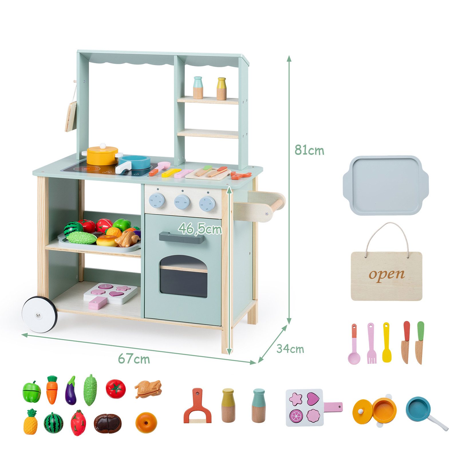 COSTWAY Spielküche Holz, Holzküche mit Herd, Backofen, Kochgeschirr-Zubehör