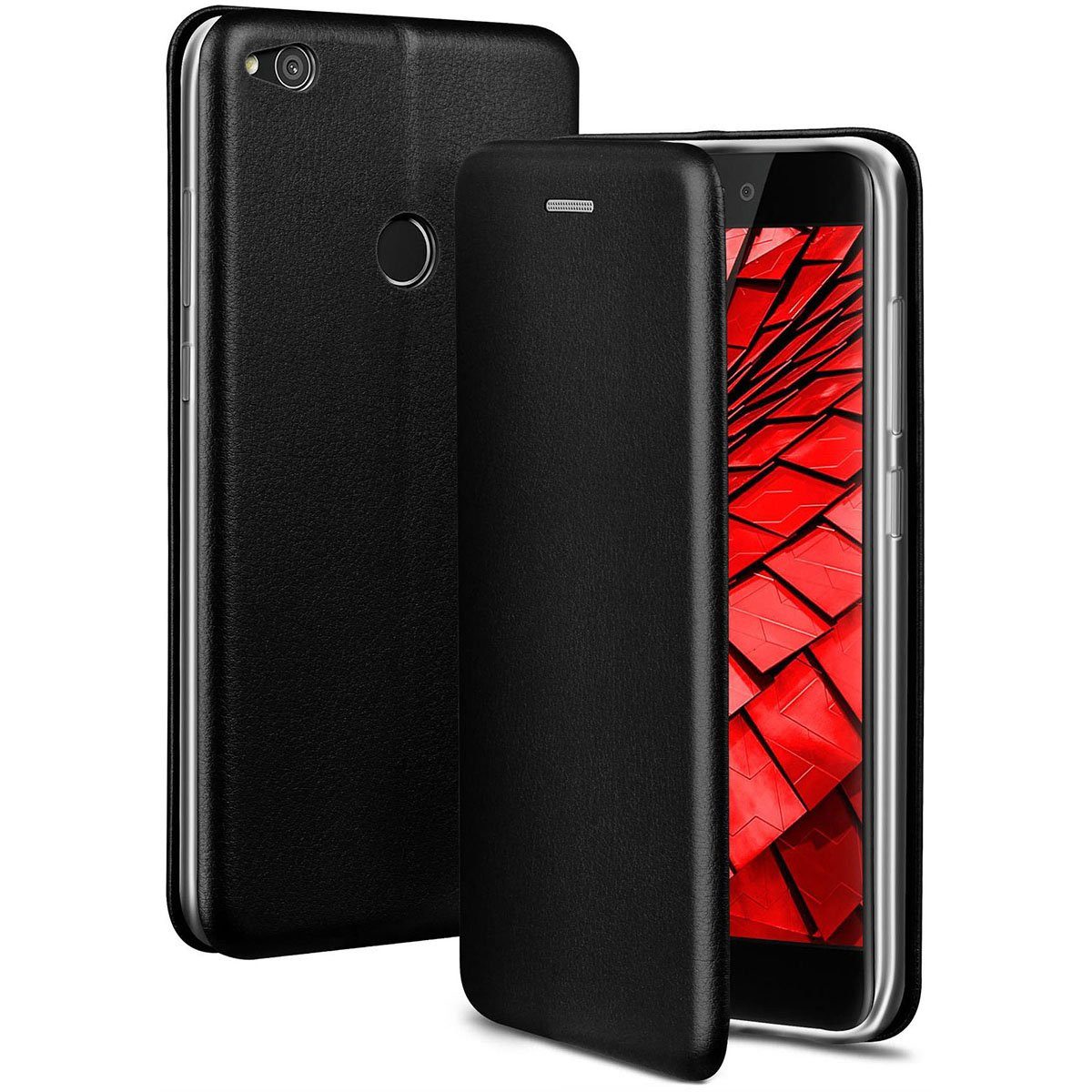 ONEFLOW Handyhülle für Huawei P8 Lite 2017 Premium Hülle Business Cover Schwarz 5,2 Zoll, 360 Grad Schutzhülle Flip Case Etui Klapphülle Dünn Leder Handy Tasche