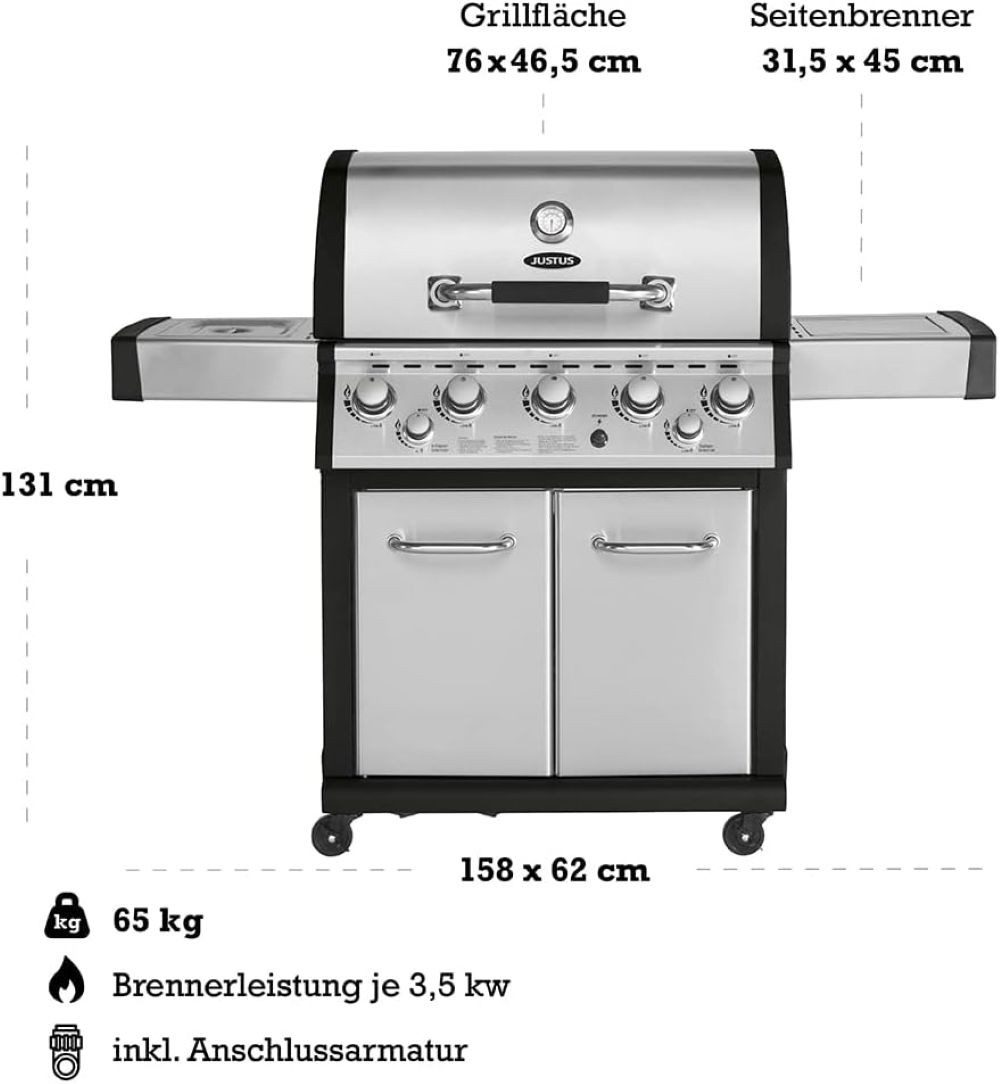 JUSTUS Gasgrill "Mars Plus", elektrische Zündung, 5 + 2 Brenner, 158 x 62 x 122 cm (L x B x H)