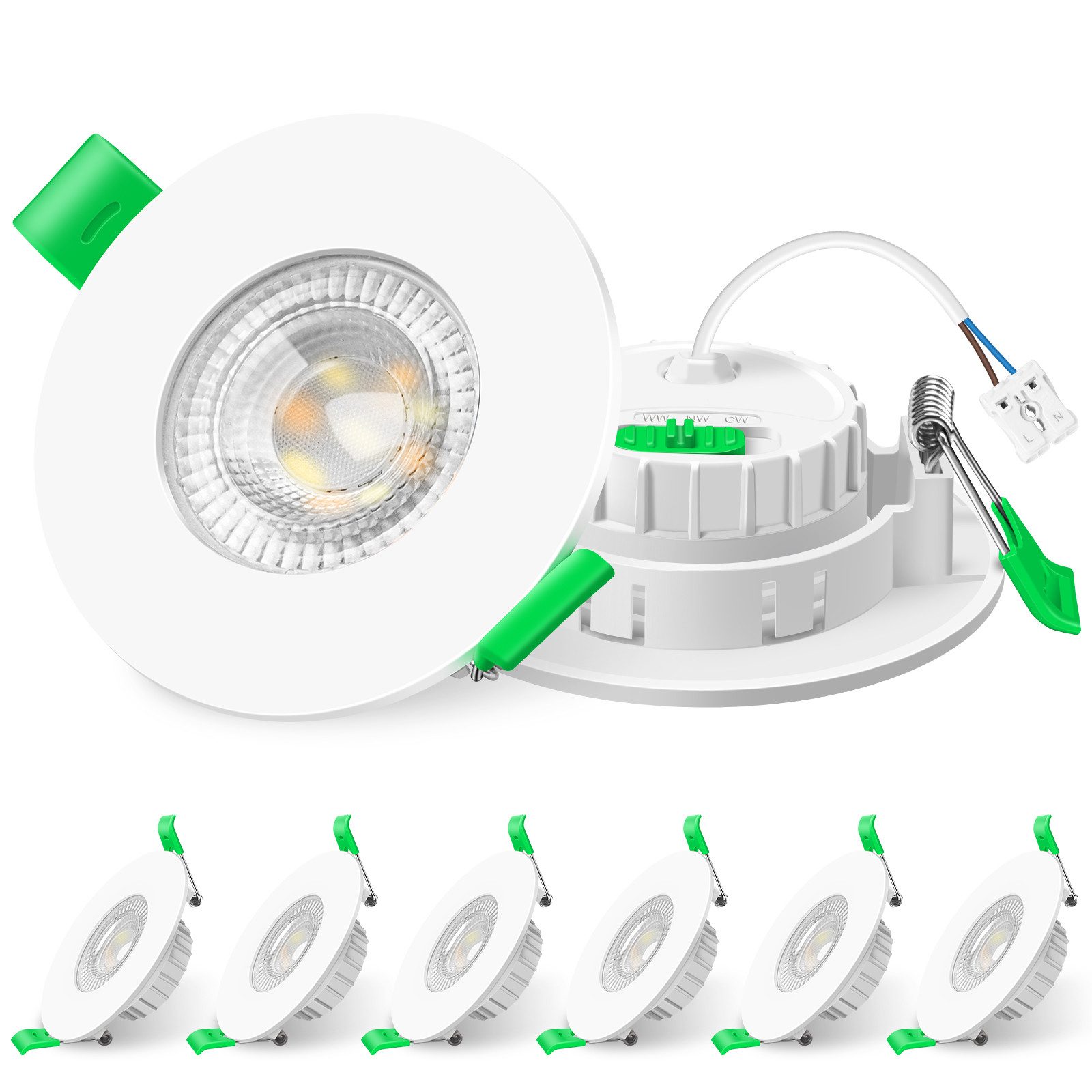 ALUSSO LED Einbauleuchte 6er-Set, 6 W, 3CCT, dimmbar, IP44, Ø 68 mm, Energieklasse E, 3000K/4000K/6500K, 540lm, Weiß