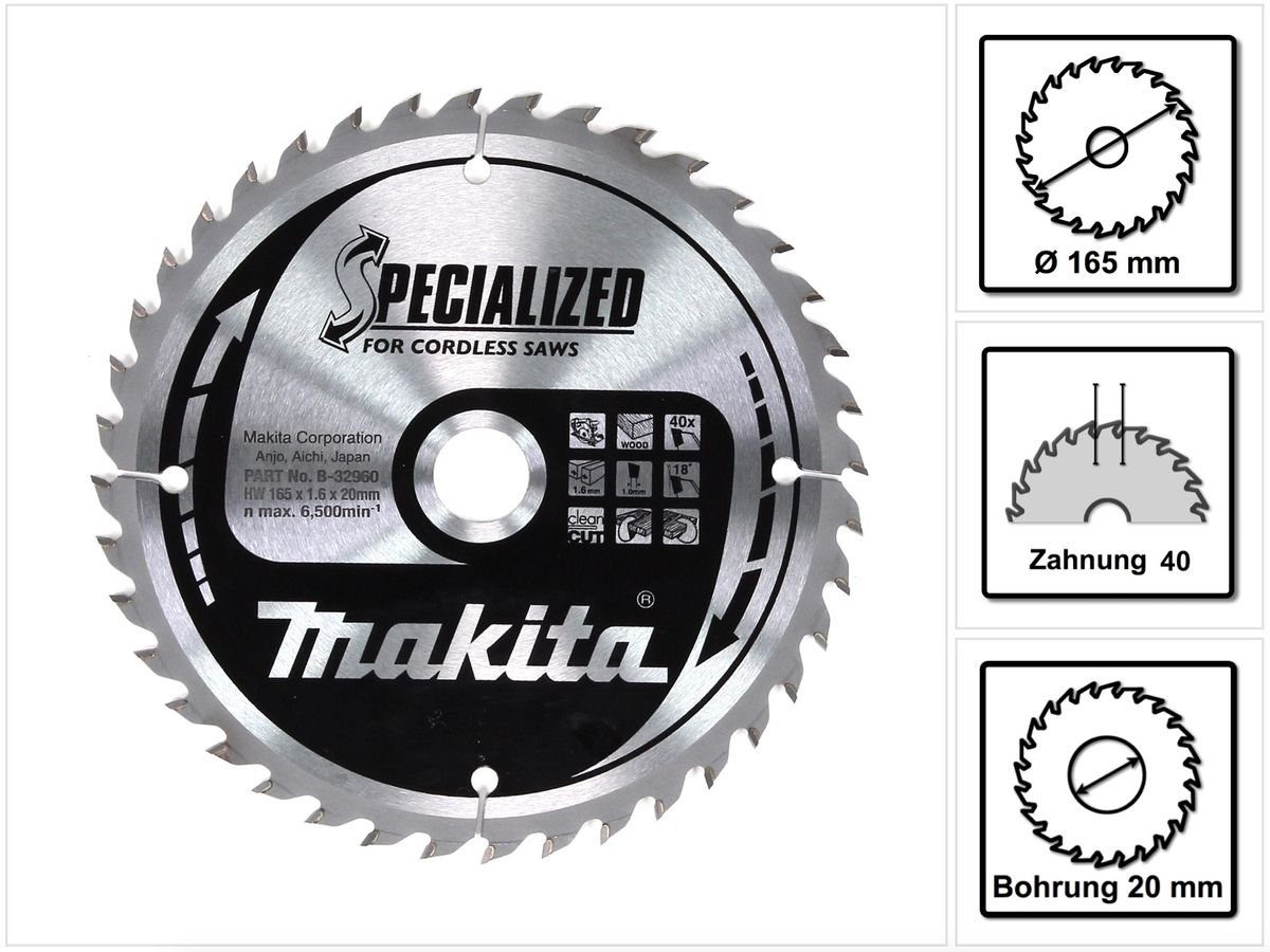 Makita Kreissägeblatt SPECIALIZED Kreissägeblatt für Holz 165 x 20 x 1,6 mm 40 Zähne (B-32
