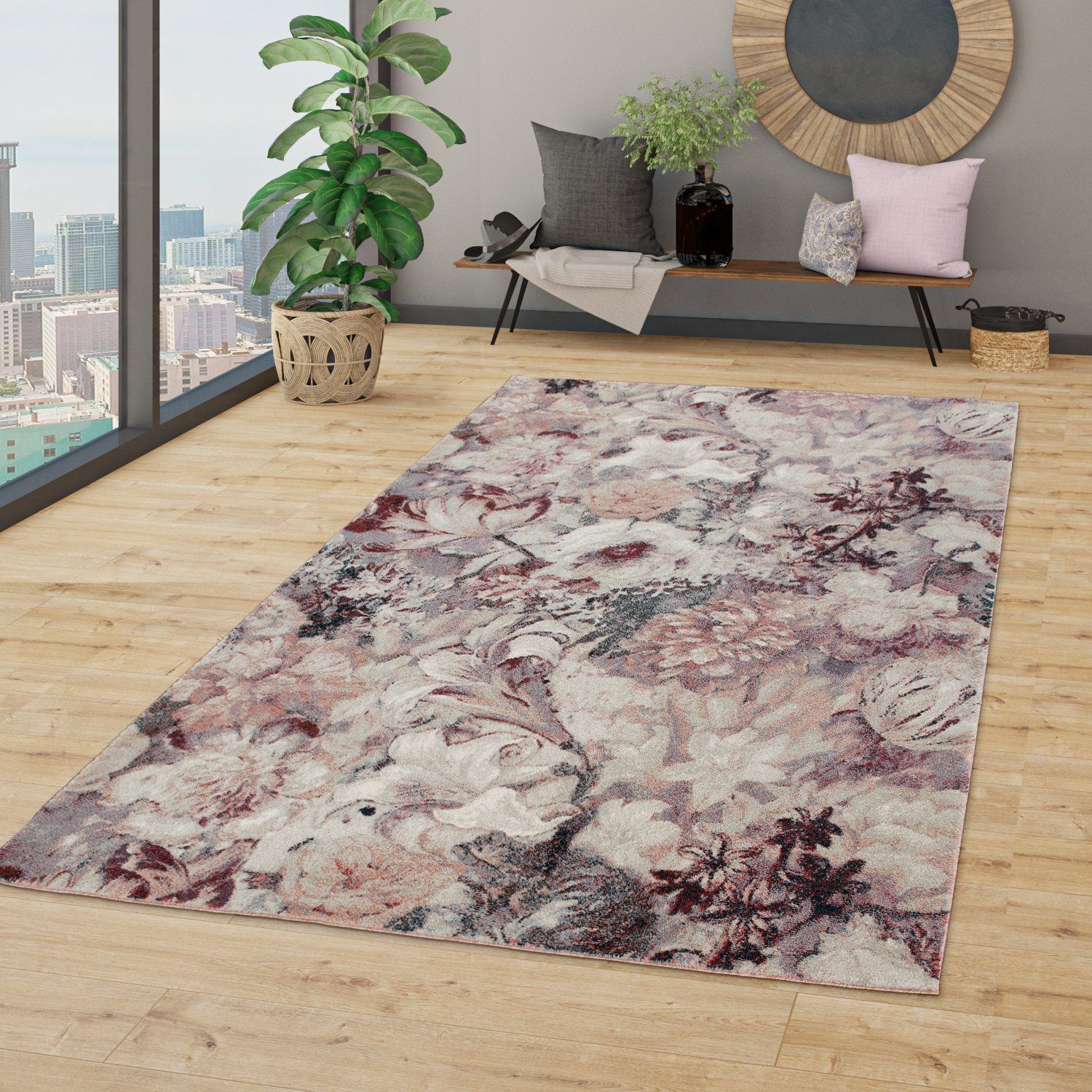 Teppich Wohnzimmer Teppich Kurzflor Esszimmer Blumen Muster, TT Home,  rechteckig, Höhe: 14 mm