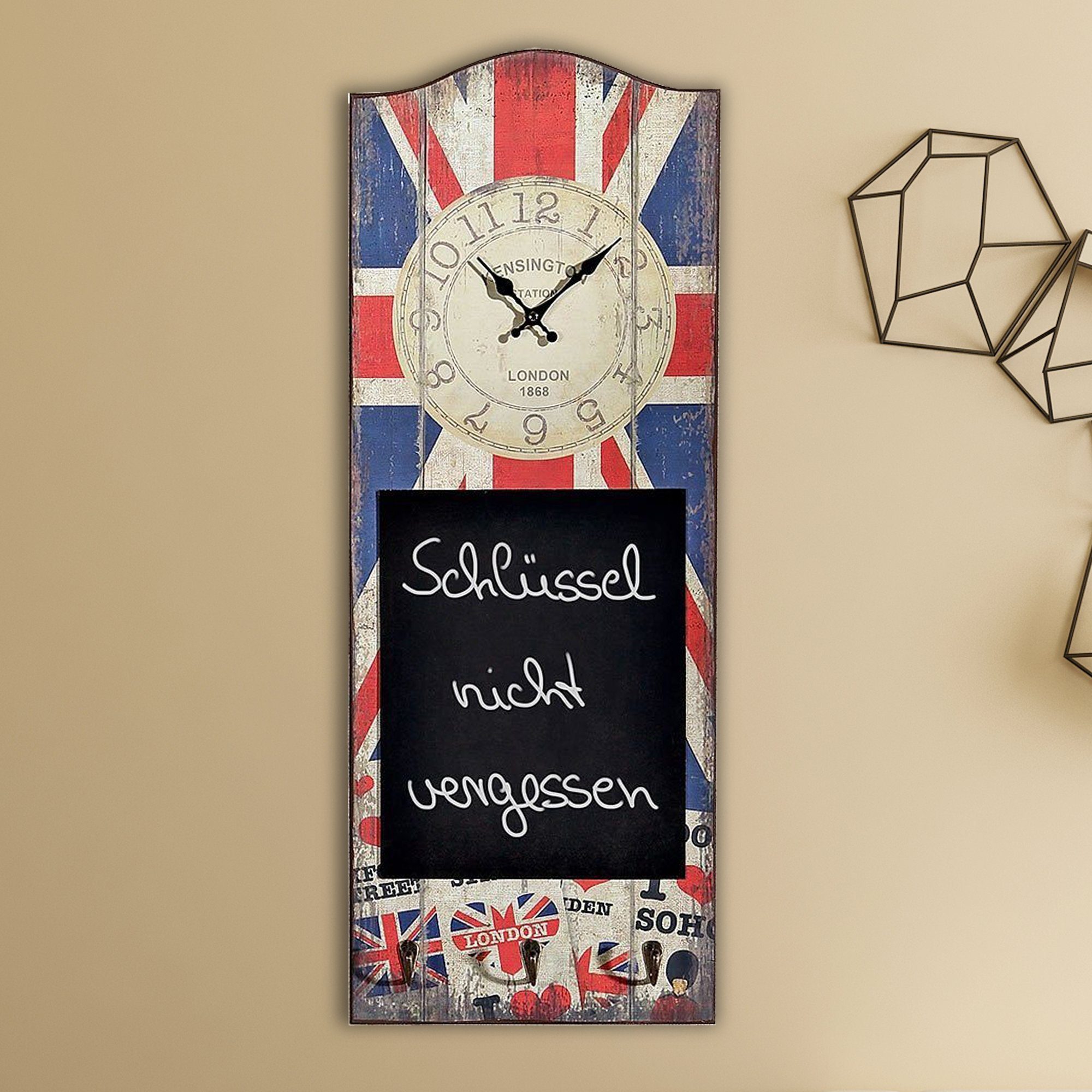 Melko Wanduhr Wanduhr Dekouhr mit 3 Haken & Memotafel aus Holz Used Look Gastronomie (Wandgarderobe inkl. Uhr, Tafel)