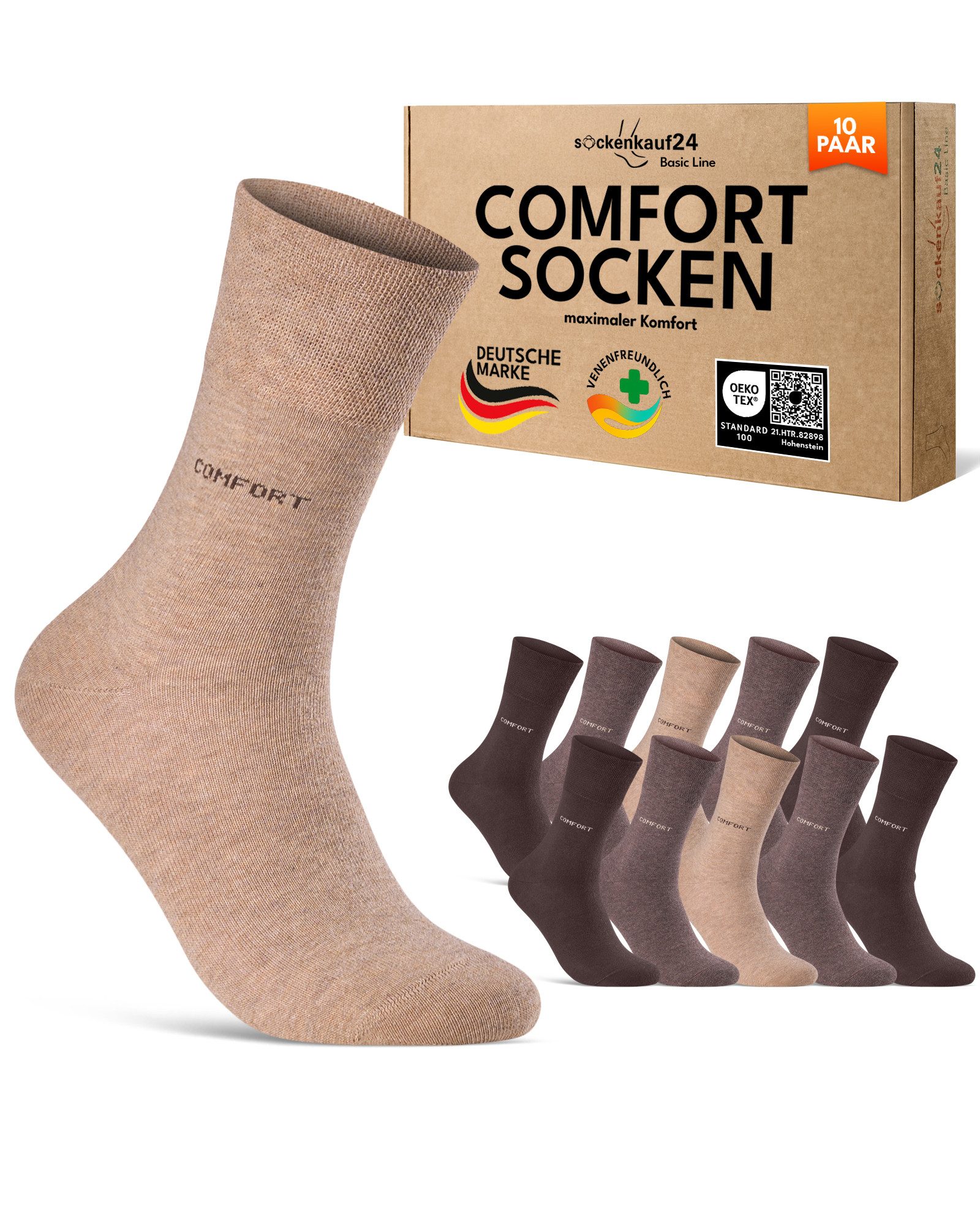 sockenkauf24 Gesundheitssocken Comfort Socken ohne Gummibund & ohne Naht mit Komfortbund (10-Paar) Diabetiker Socken ohne Gummi aus Baumwolle für Damen und Herren