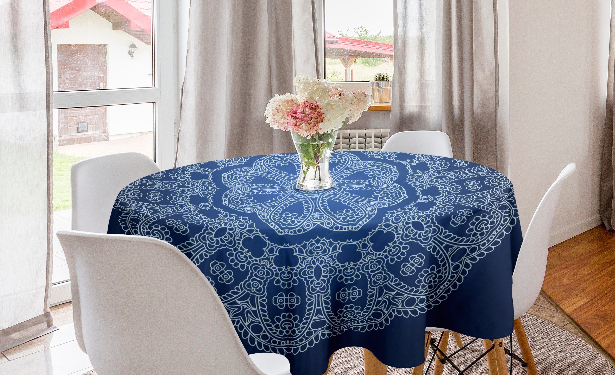 Abakuhaus Tischdecke Kreis Tischdecke Abdeckung für Esszimmer Küche Dekoration, Blauer Mandala Aufwändige Blumen