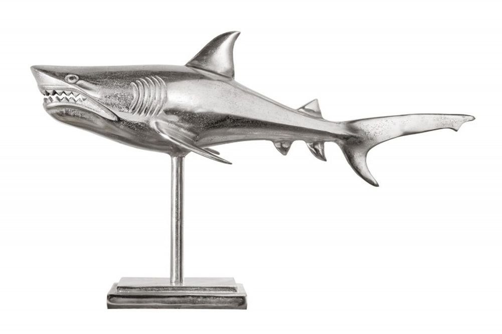 LebensWohnArt Dekoobjekt Deko-Figur Haifisch 70cm Hai silber SHARK Skulptur Maritim Aluminium