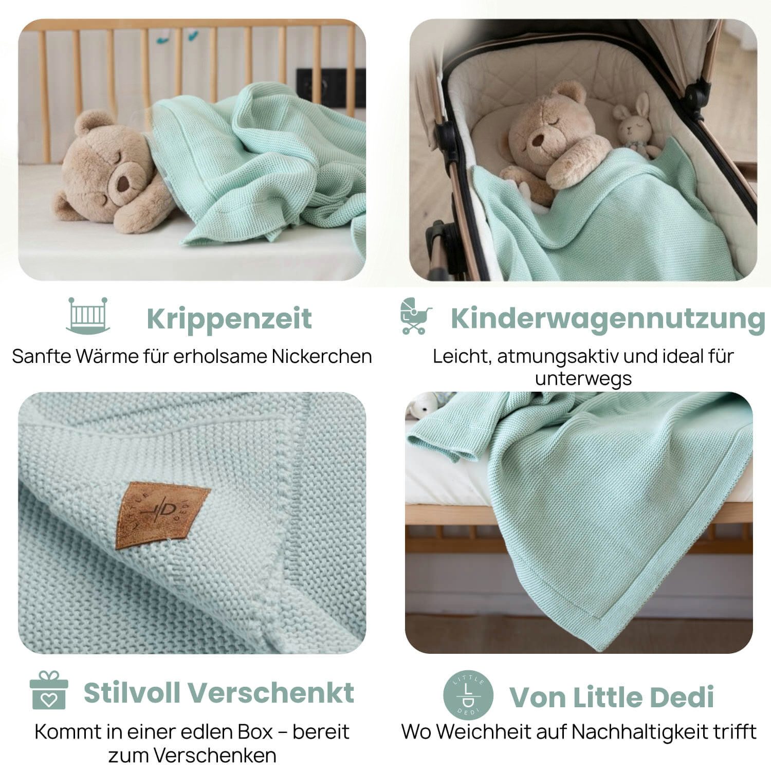 Babydecke Baby Strickdecke, %100 Bio Baumwolle, Atmungsaktiv, 80x100cm, Hellgrün, Little Dedi