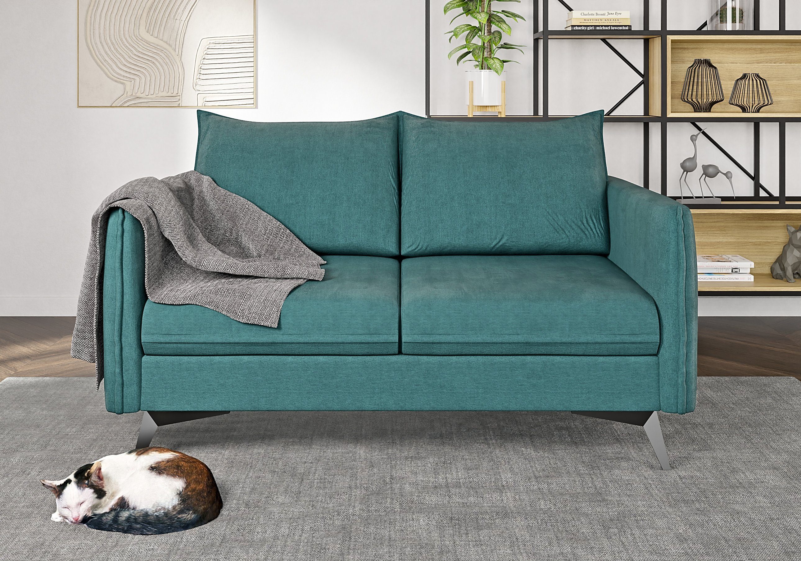 Modernes Sofa S-Style Wellenfederung Möbel Füßen, Schwarz Azalea Türkis mit mit 2-Sitzer Metall