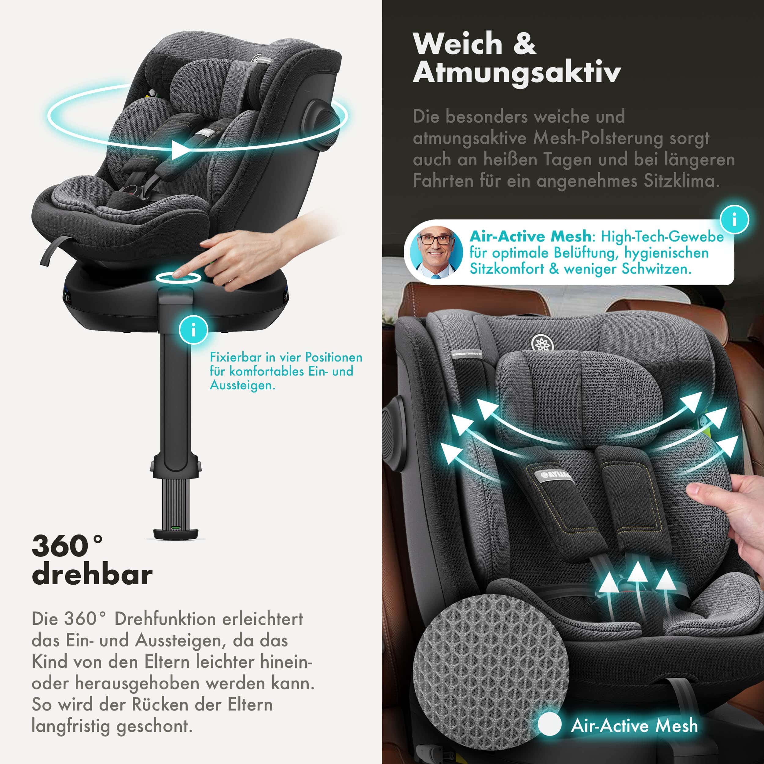 Daliya® Autokindersitz BRAVO i-Size Auto-Kindersitz, 360° drehbar, mitwachsend, atmungsaktiv, ab: ab Geburt, bis: bis 12 Jahre, ab: 40 cm, bis: 150 cm, (Neugeborenen-Set, 4-tlg), 8 Stufen Sitzneigung, verstellbare Kopfstütze, Stützbein, Belüftet