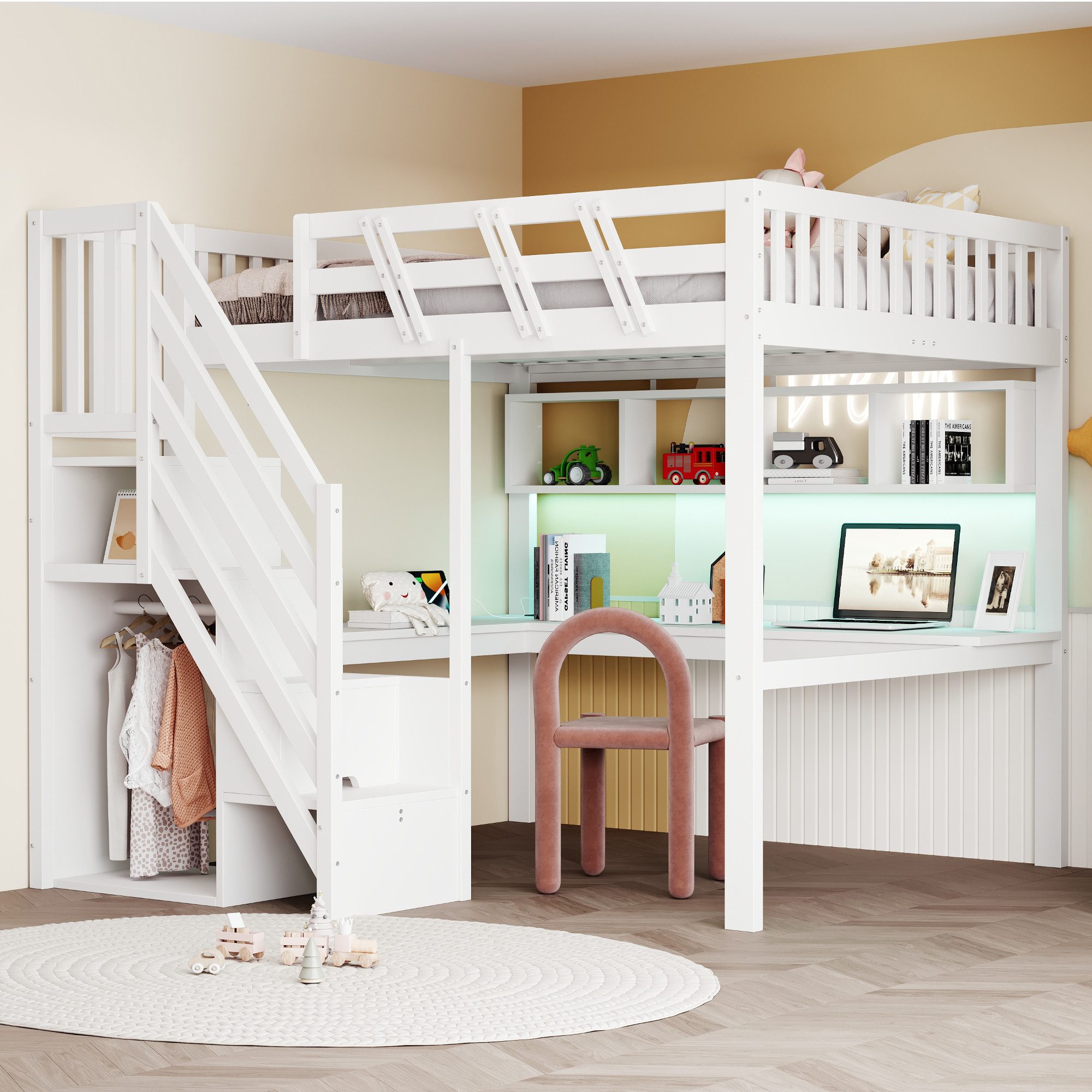 Merax Hochbett mit LED-Beleuchtung und USB-Anschluss (1-St., Massivholz Jugendbett Einzelbett) Kinderbett 140x200cm mit Stauraumtreppe, Schreibtisch & Ablageflächen