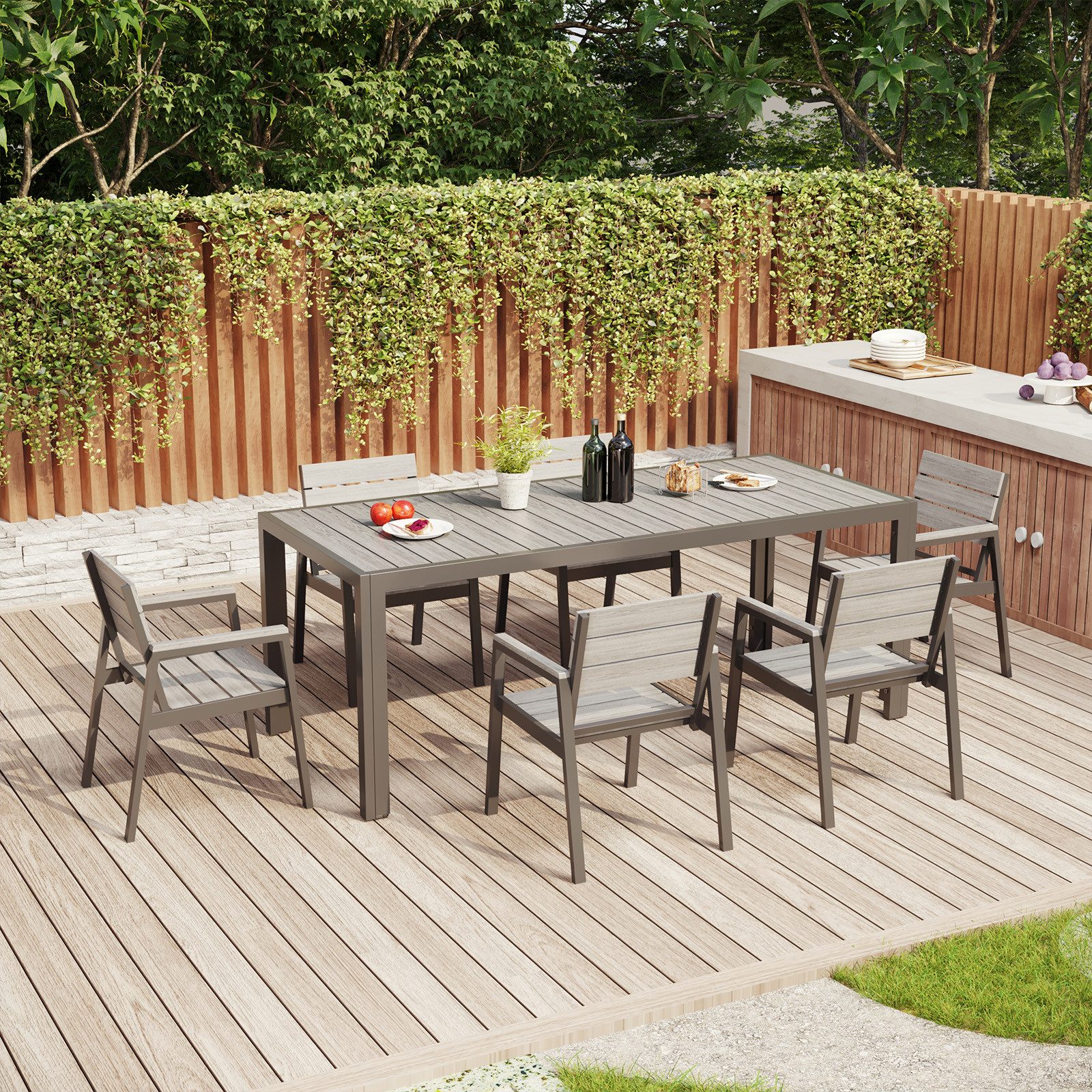 GUNJI Garten-Essgruppe Aluminium gartenmöbel set mit Holzoptik für 4-8 Personen, (Gartenmöbel Set, Tisch und Stühle, wasserfest, UV-beständig, witterungsbeständig, 7-tlg), 150/180cm Aluminiumtisch (bis 100kg) und Gartenstühle (bis 160kg)