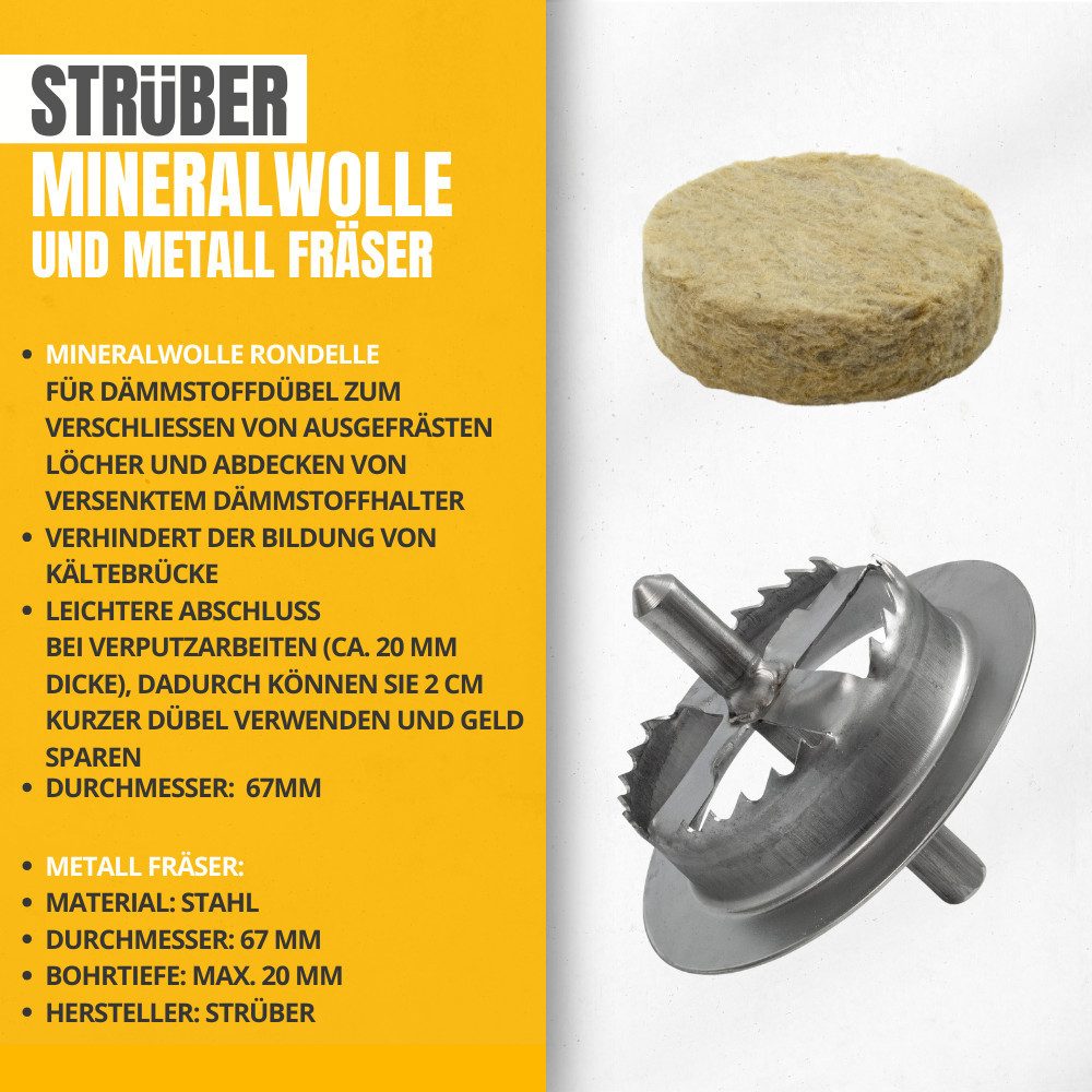 STRÜBER Schrauben- und Dübel-Set Dämmstoffdübel mit Metalldorn + Mineralwolle Rondelle + Metall Fräser