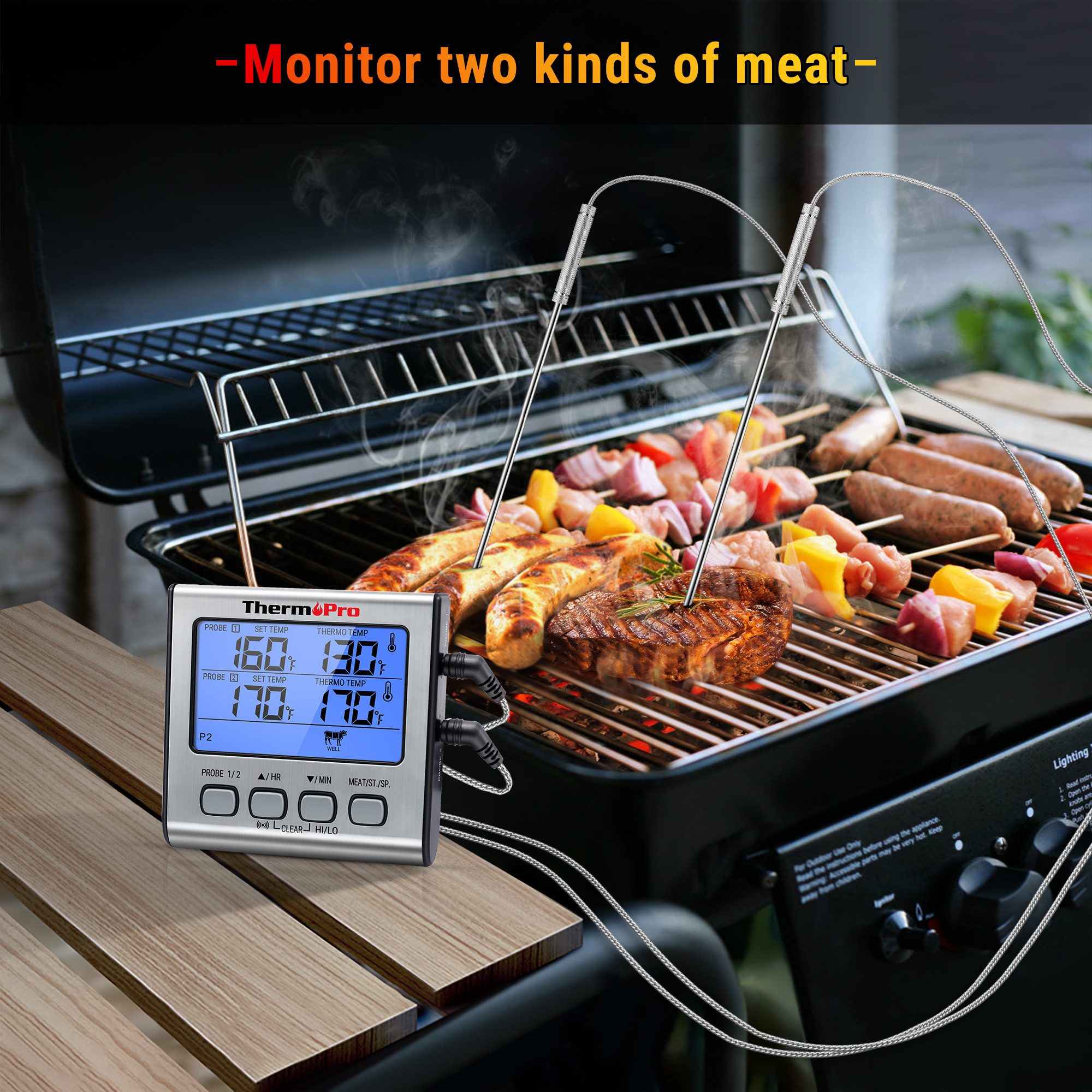 ThermoPro Grillthermometer TP17, Grillthermometer mit 2 Sonden, Alarm, bis 300 °C, LCD-Beleuchtung