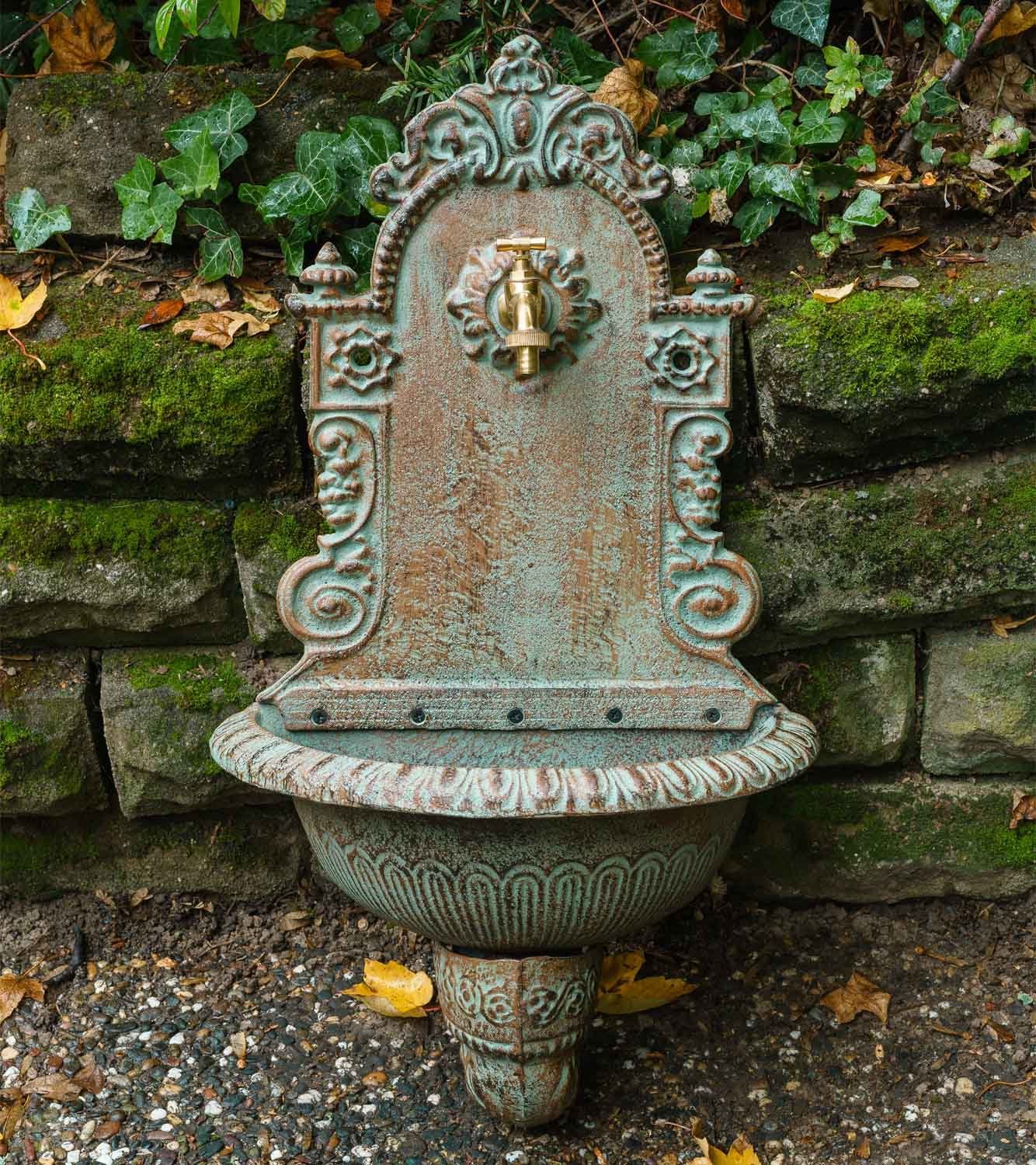 Aubaho Gartenbrunnen Waschbecken Wandbrunnen Brunnen Antik-Stil grün Garten Eisen 76cm