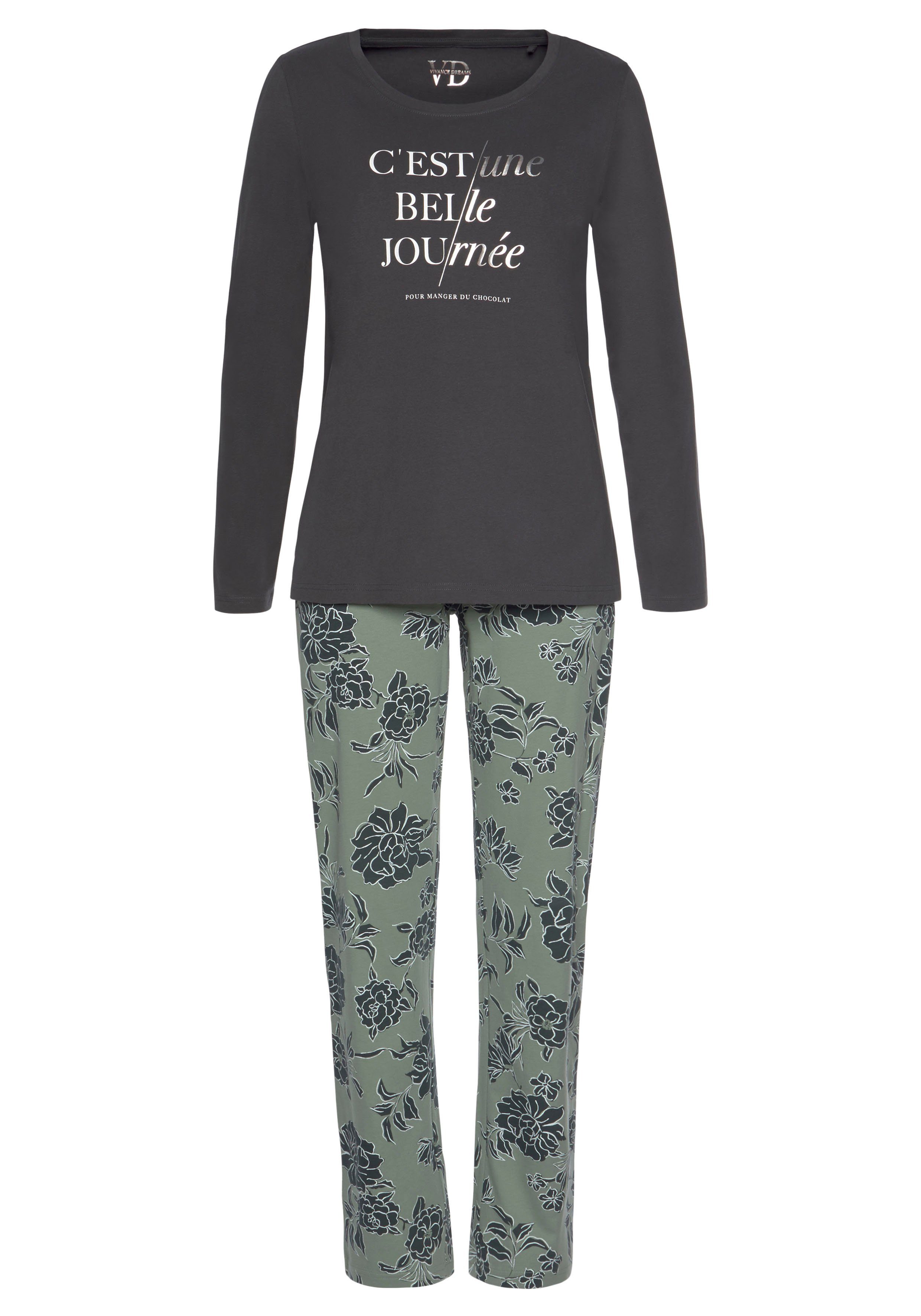 Vivance Dreams Pyjama Stück) Blumen-Druck graphit-graugrün mit großem (2 1 tlg