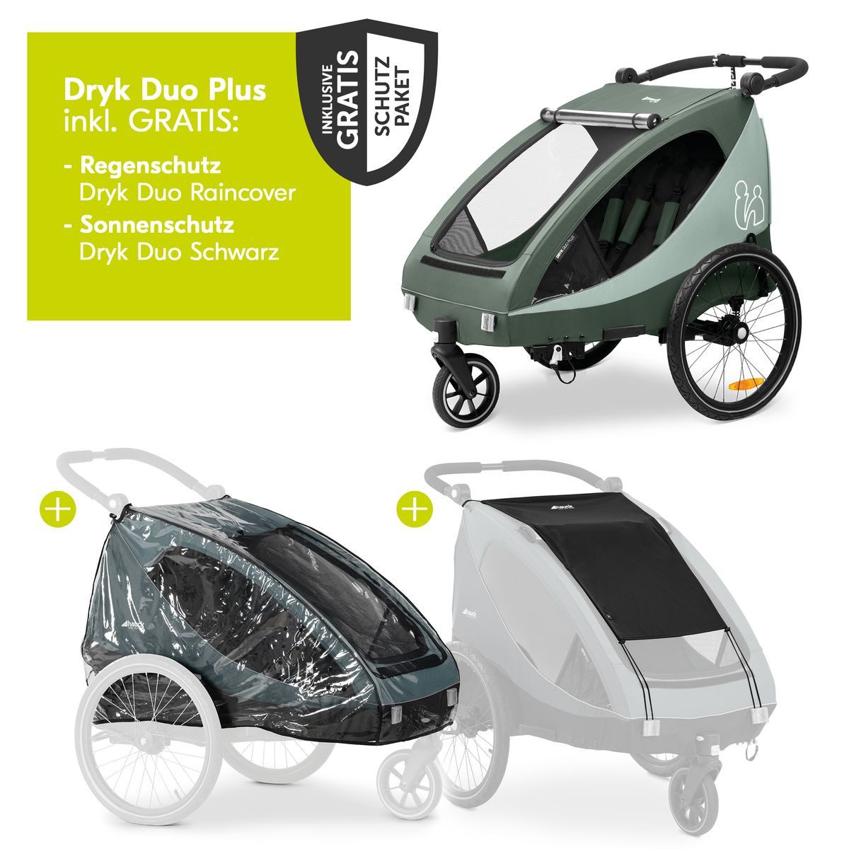 Hauck Fahrradkinderanhänger Dryk Duo Plus - Dark Green, Fahrradanhänger Buggy für 2 Kinder mit Regen-& Sonnenschutz bis 44 kg
