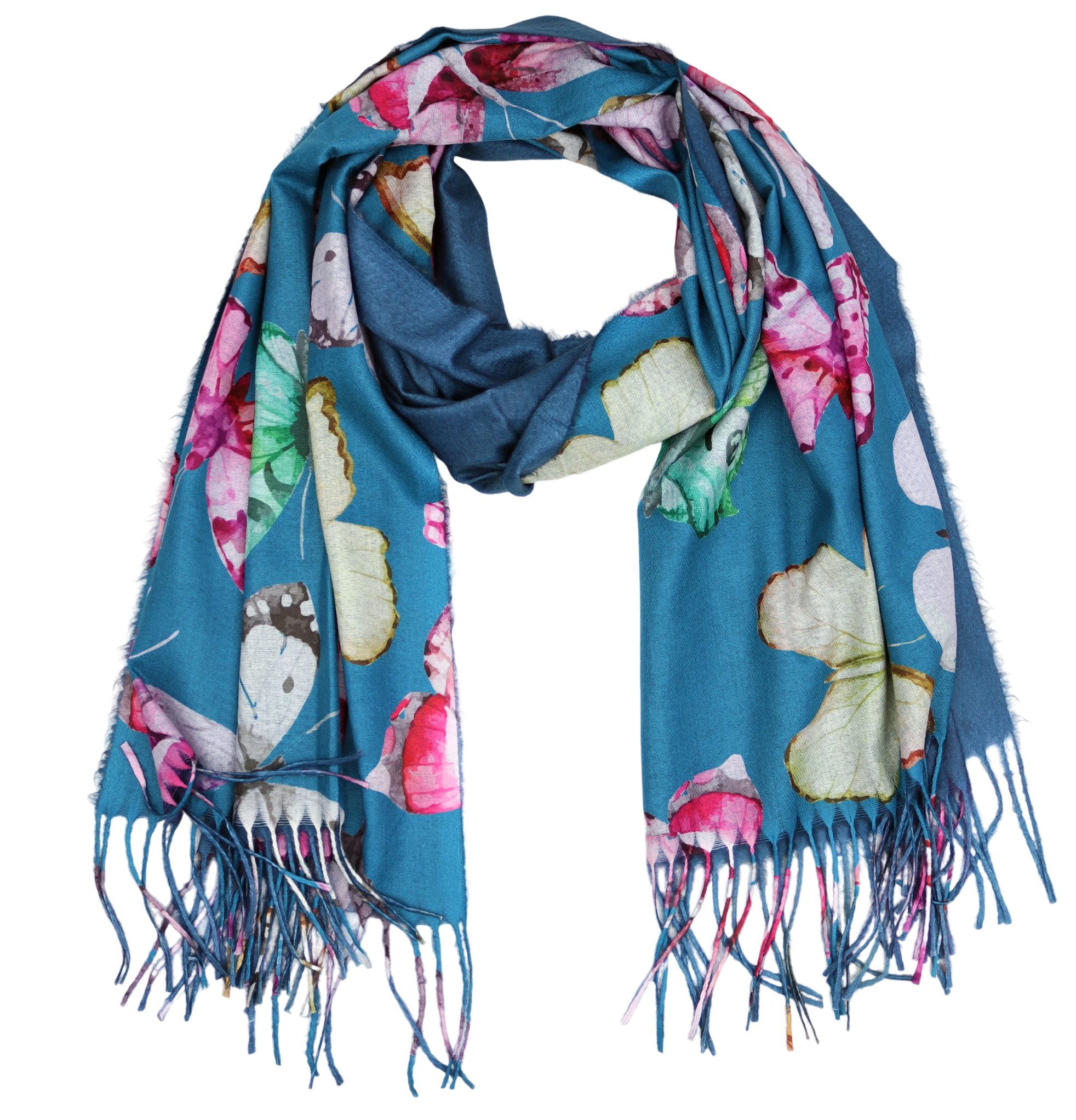 Modeschal weicher und warmer Schal Schmetteringe mit Fransen, 70x180cm