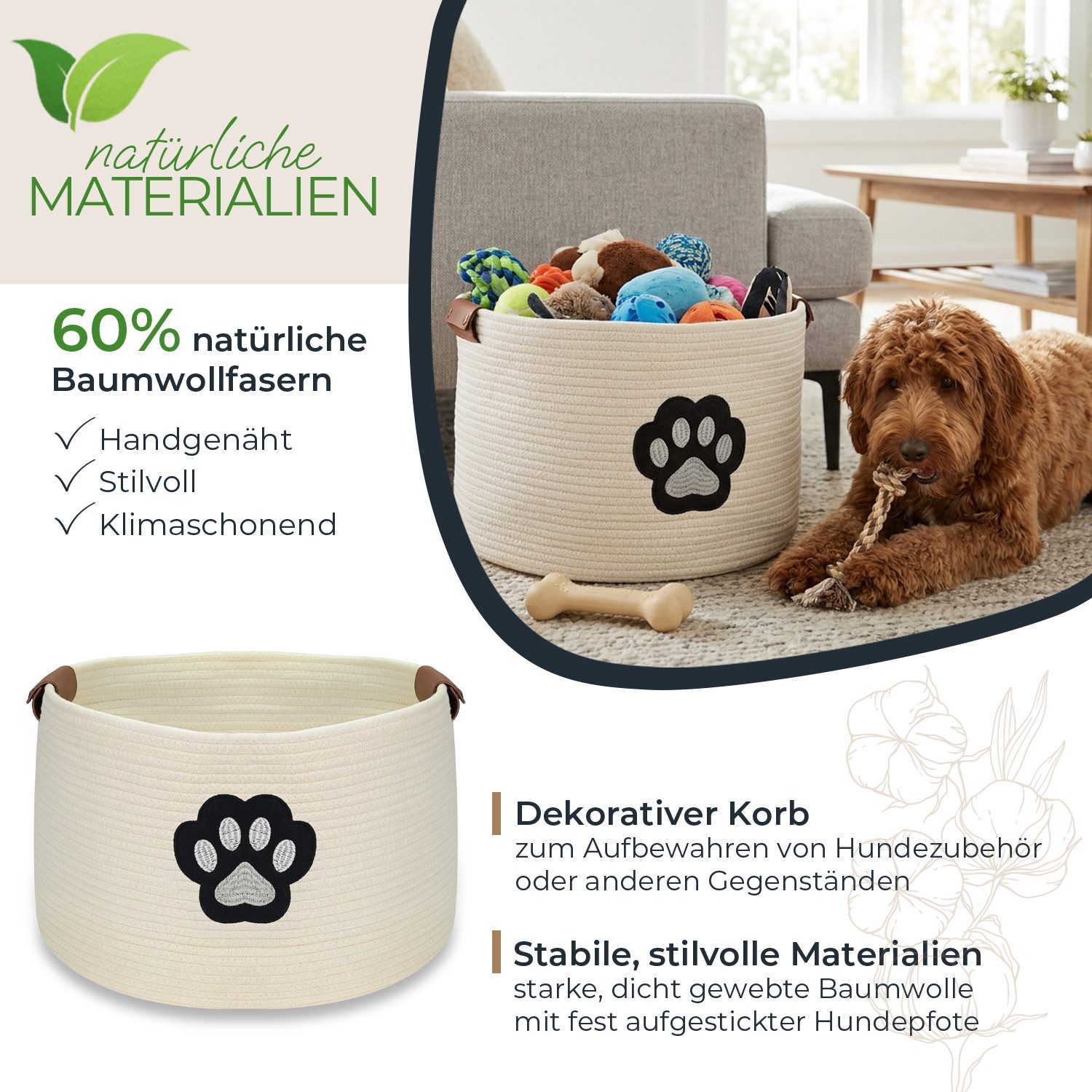 HMF Aufbewahrungskorb Aufbewahrungskorb für Hundezubehör, runder Korb aus, Baumwolle mit Kunstledergriffen, Hundepfoten-Motiv, 45 x 30 cm, Beige