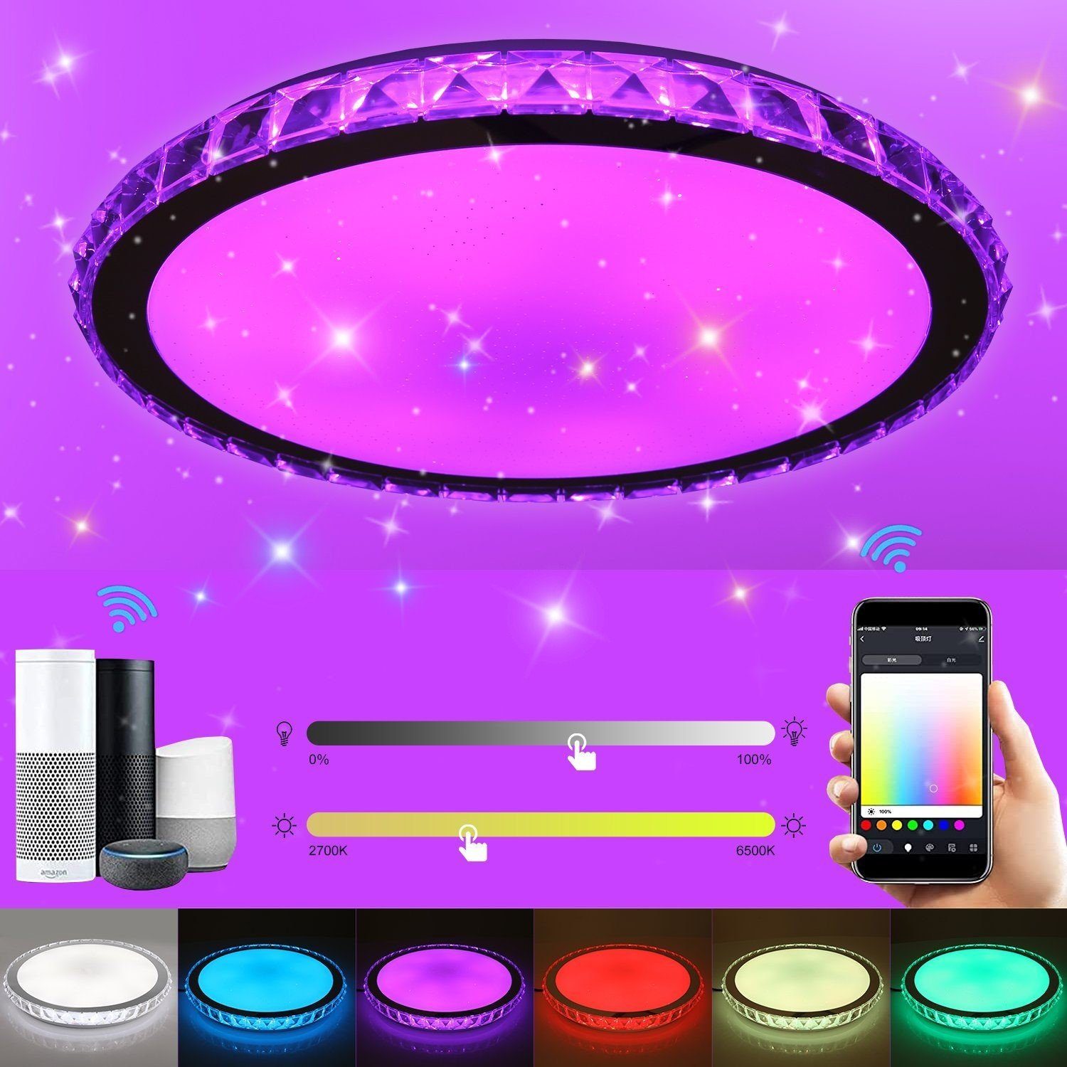 WILGOON Deckenleuchte RGB Sternenhimmel Dimmbar, Fernbedienung APP, Ø40cm x 6cm, LED fest integriert, RGB, Warmweiß, Neutralweiß, Kaltweiß, 36W Kristall LED Deckenlampe, für Wohnzimmer Küche Kinderzimmer