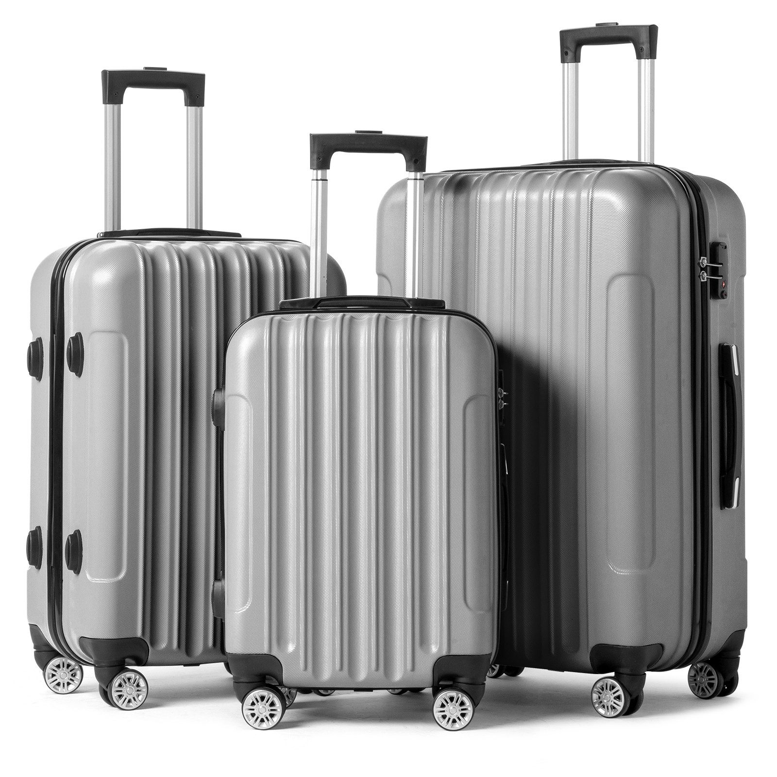 LALAHO Trolley Kofferset Hartschale Reisekoffer, 360° Rollen, 4 Rollen, 3er Set Handgepäck, moderner Koffer, Teleskopstange, Grau