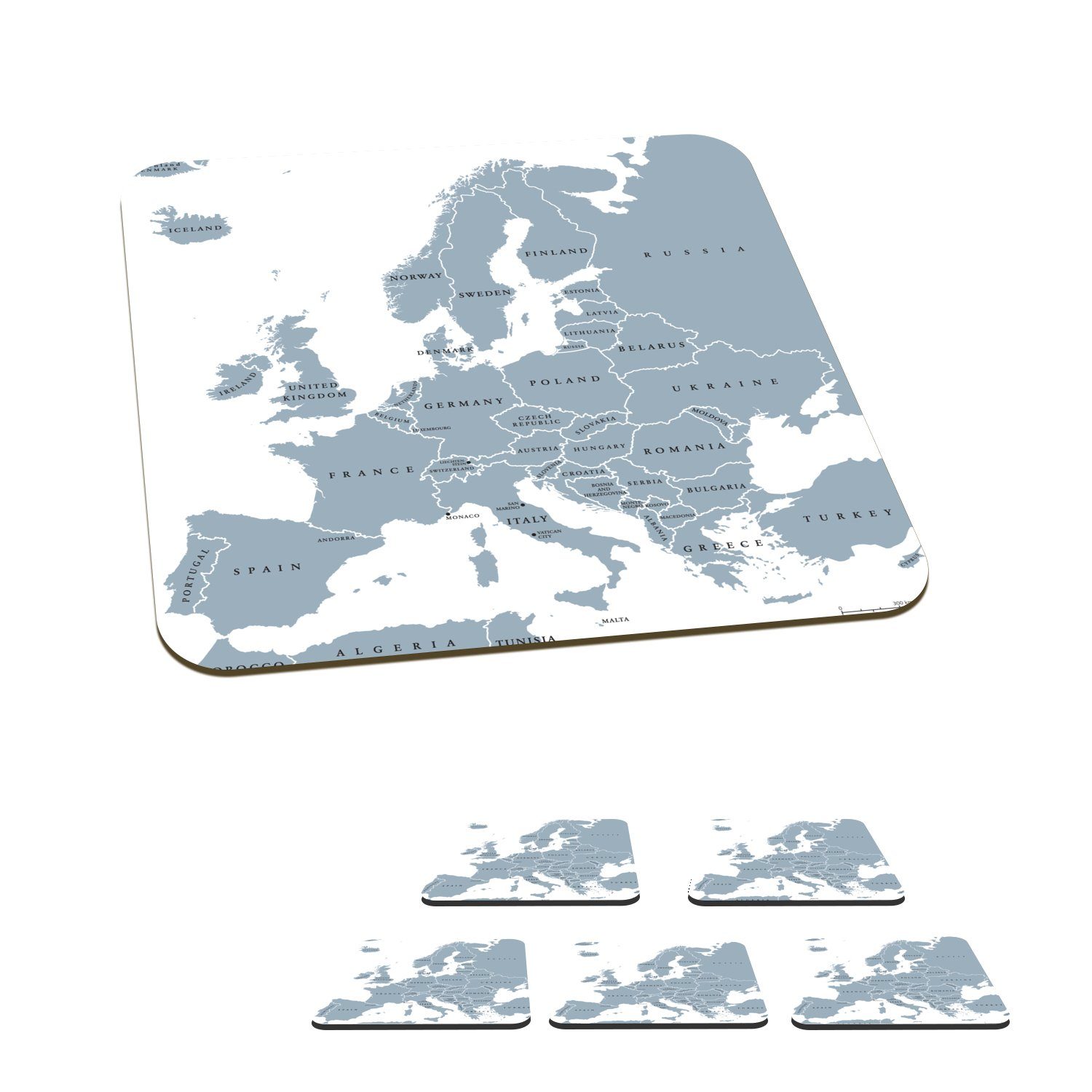 MuchoWow Glasuntersetzer Karte - Europa - Grau, Zubehör für Gläser, 6-tlg., Glasuntersetzer, Tischuntersetzer, Korkuntersetzer, Untersetzer, Tasse