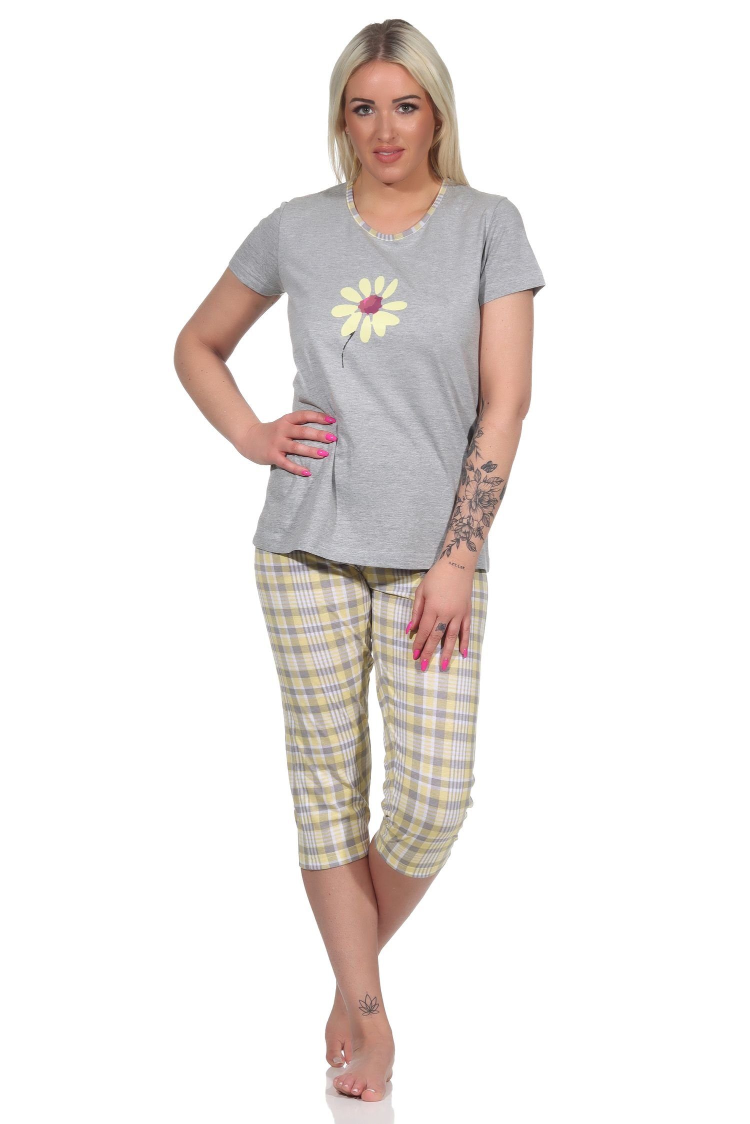 Caprihose Front-Print und Pyjama Karo Capri Schlafanzug Pyjama Damen Normann gelb mit