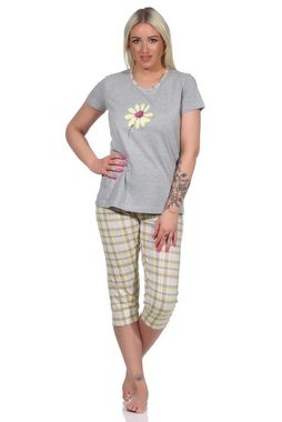 Normann Pyjama Damen Capri Schlafanzug Pyjama mit Front-Print und Karo Caprihose
