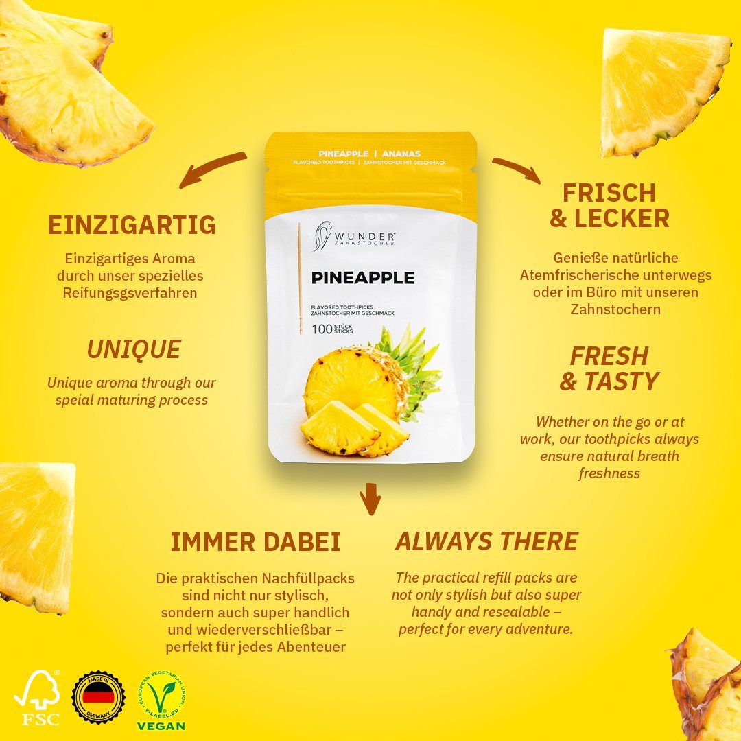 Wunder Zahnstocher Mundpflegecenter mit Geschmack Ananas - 100er Refillpack im Nachfüllbeutel, frischer Atem - Alternative zu Kaugummi - Zuckerfrei & kalorienfrei