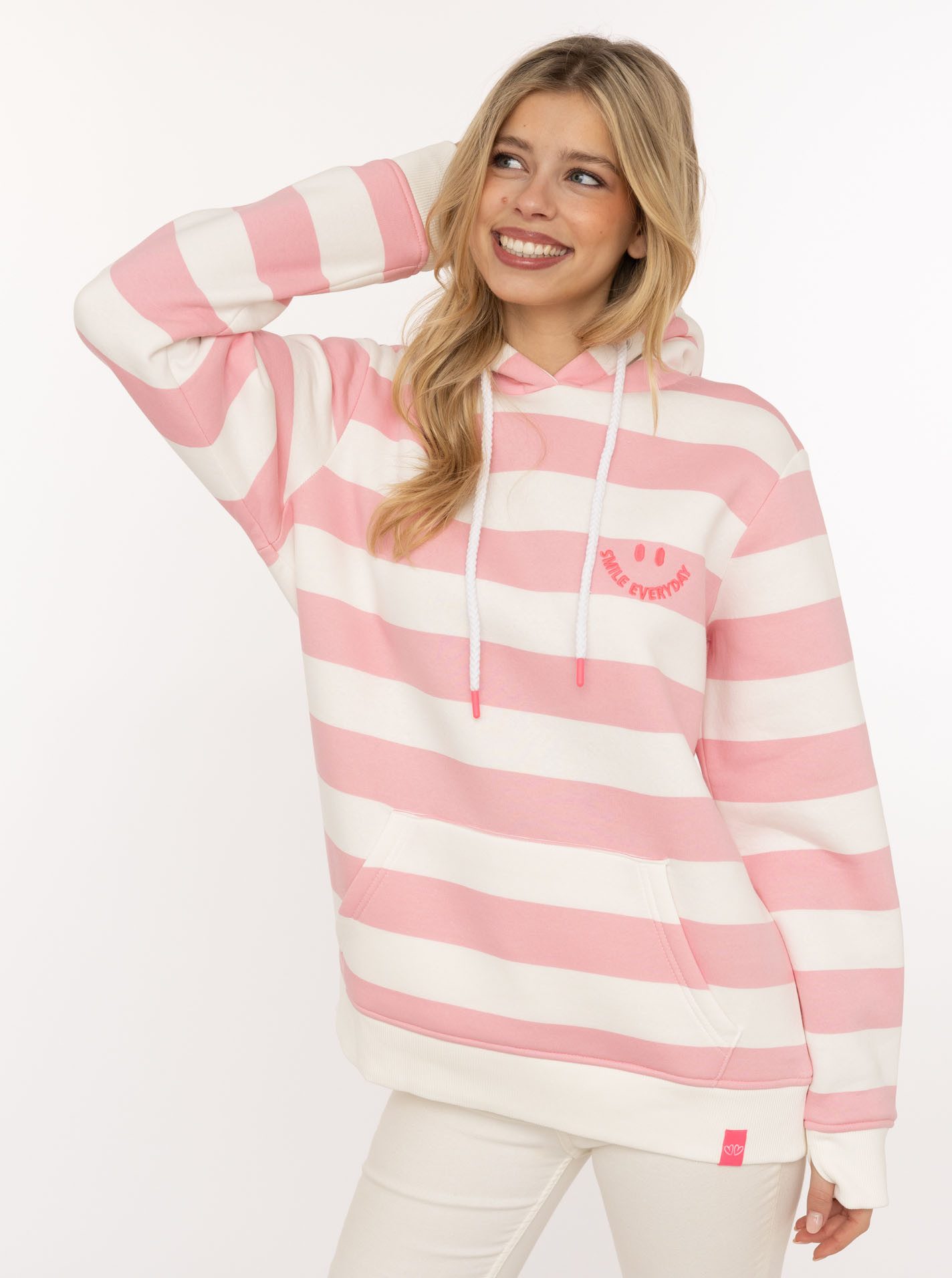 Zwillingsherz Hoodie "Streifen Smile Everyday" Blockstreifen, pinke Stickerei, Kängurutasche, Kapuze