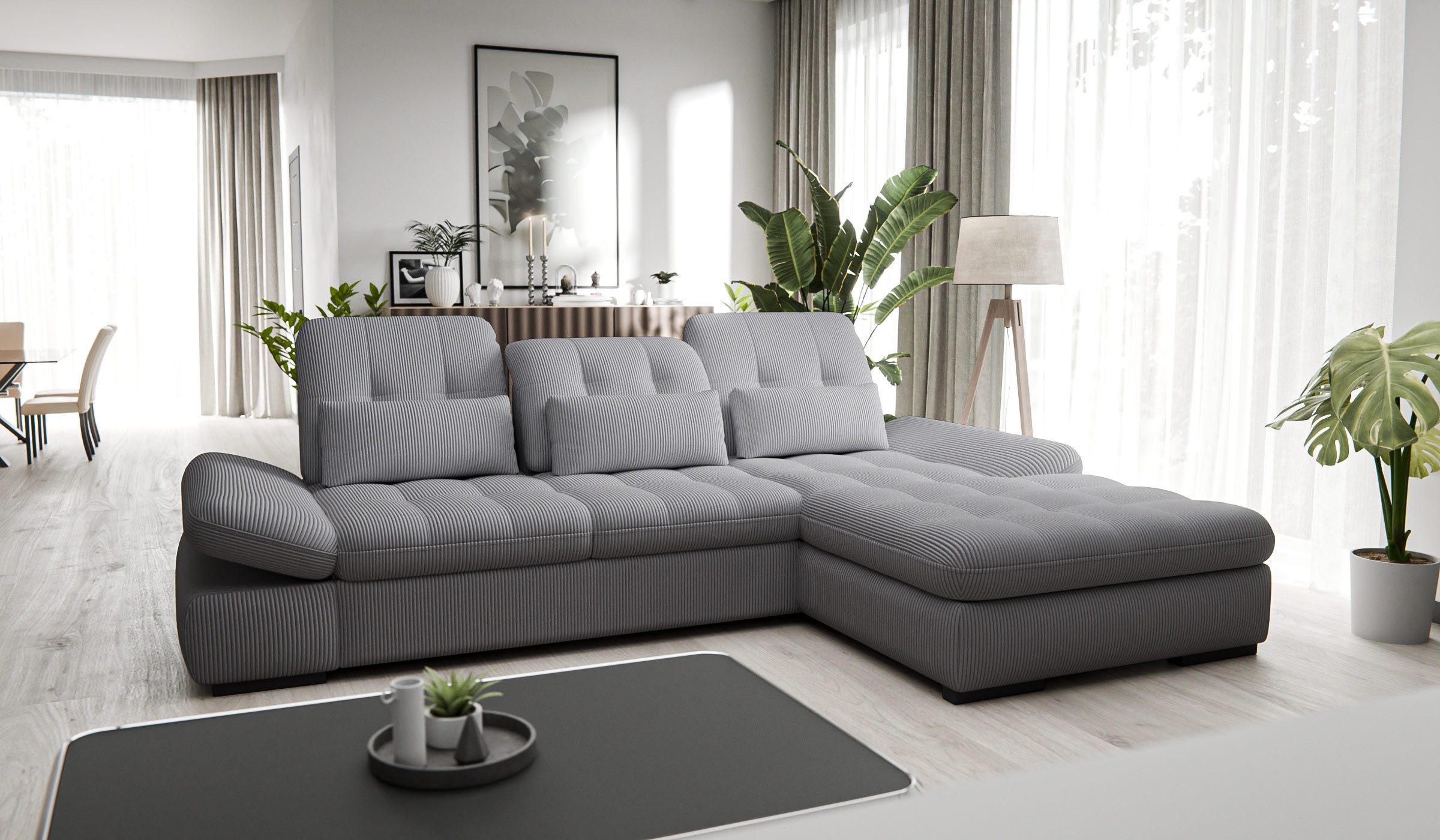 Hygger Möbelhaus Ecksofa Oregon L-Form XXL 300x200, wahlweise mit Schlaffunktion und Bettkasten, Polsterecke Inkl. Sitztiefenverstellung, Arm- und Kopfteilverstellung, 3 Nierenkissen, Hergestellt in Europa