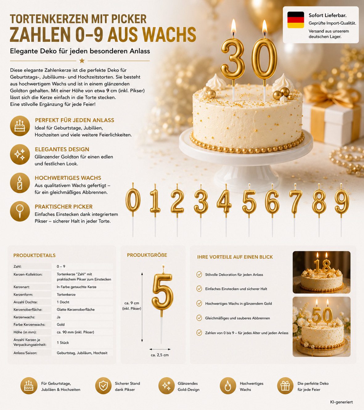 HH-Haushalt Geburtstagskerze Tortenkerze Zahl "1" Gold mit Picker – Zahlenkerze