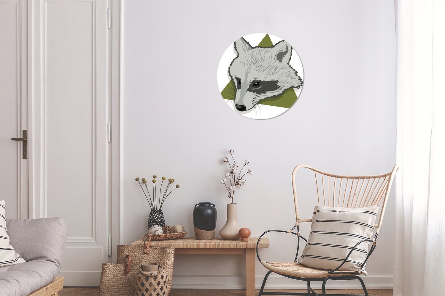 MuchoWow Wandsticker Illustration St), Rund, grünen des (1 Wohnzimmer Dreieck Tapetenaufkleber, Tapetenkreis in eines für Kopfes einem Kinderzimmer, Waschbären