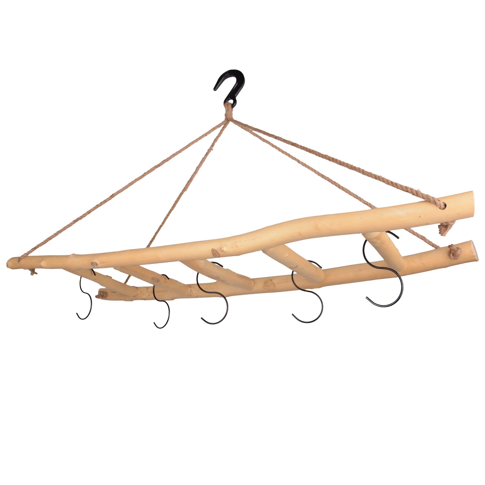 UNUS HOME Dekohänger Dekoleiter Holzleiter hängend (120cm, naturfarben), inklusive 5 Haken und Gusseisen Deckenhaken, Hängedeko