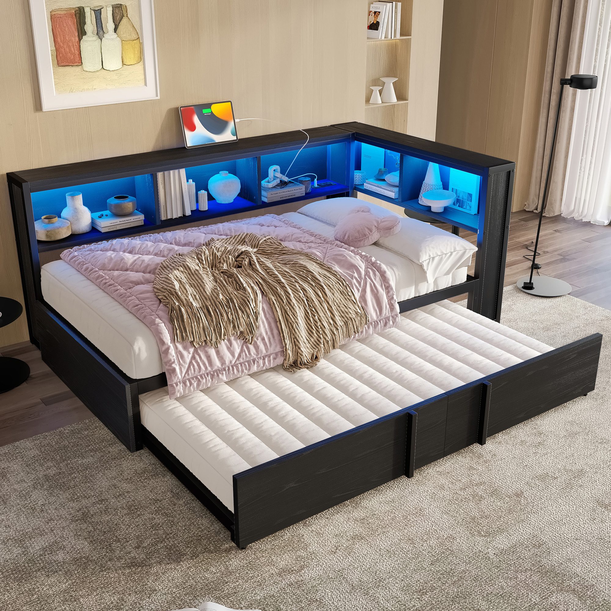 i@home Daybett Tagesbett, 90 x 200 cm, mit Ausziehbett, Metall-Bett mit LED-Beleuchtung, USB-Anschlüssen & Stauraum
