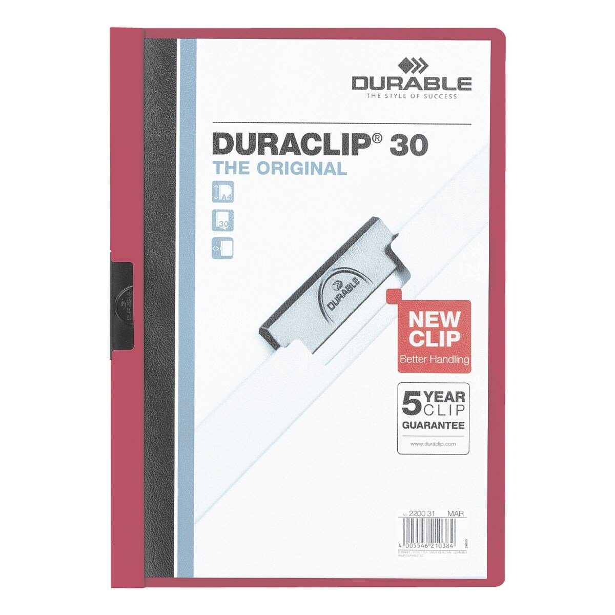 30, Duraclip DURABLE Format Blatt dunkelrot A4, 30 bis DIN mit Klemmfunktion, Hefter