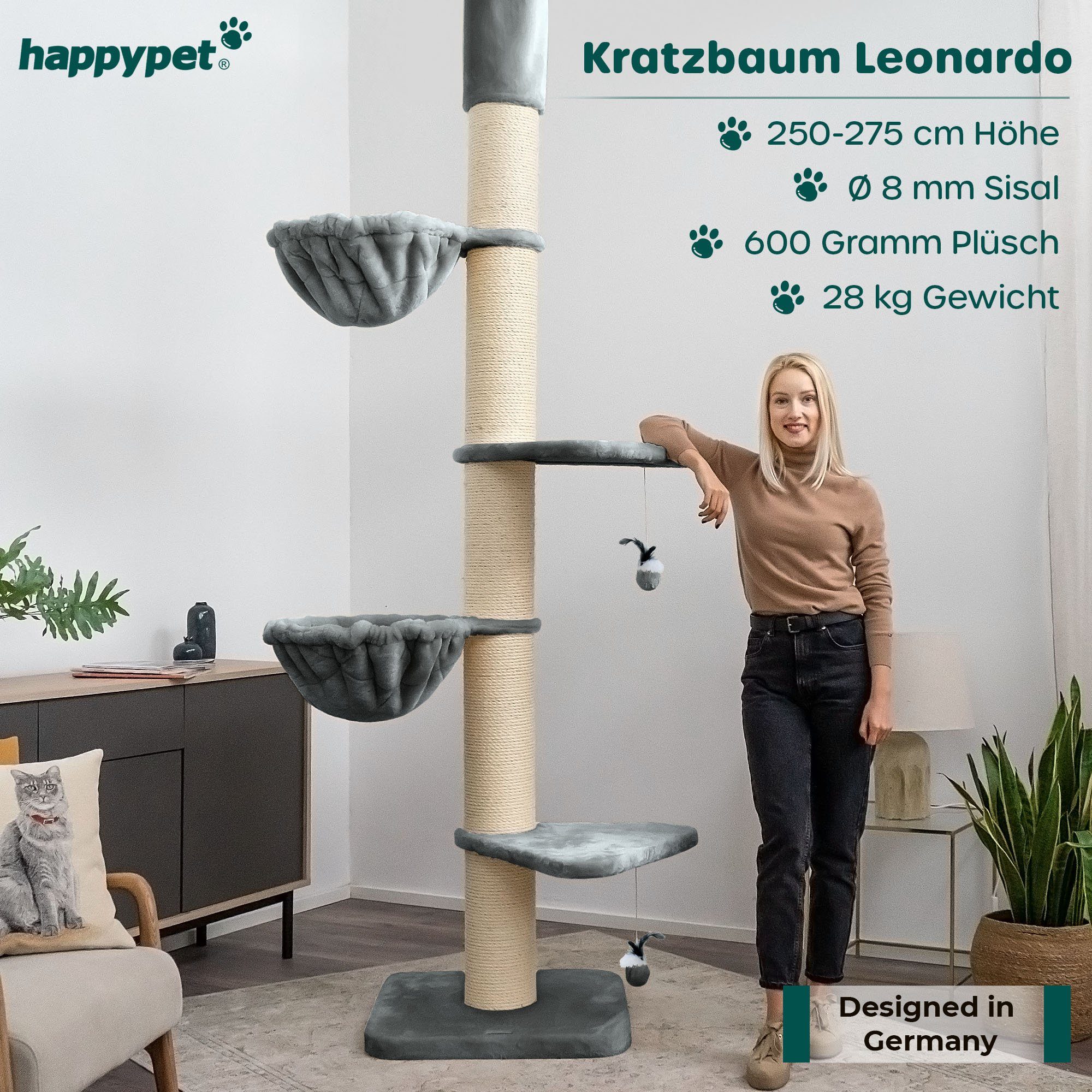 Happypet Kratzbaum LEONARDO, XXL Deckenhoch, 250 bis 275 cm, Katzenkratzbaum für Maine Coon