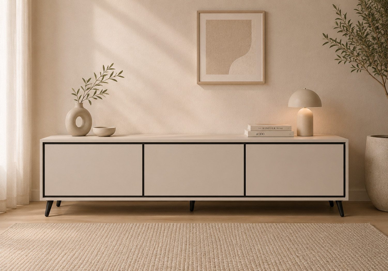 MOEBLO TV-Board RTV VELMIRA (180 cm breit, mit 3 Türen, Push-to-open, schwarzen Metallfüßen und viel Stauraum, Kaschmir), (BxHxT): 180 x 55 x 40 cm