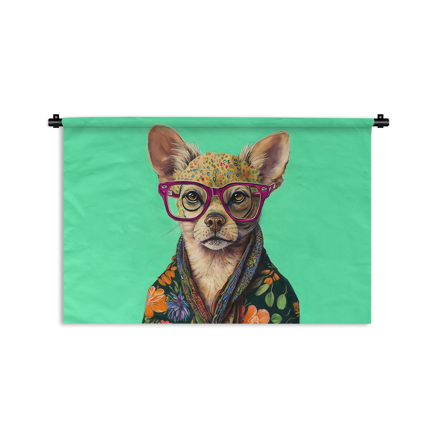 MuchoWow Wanddekoobjekt Brille - Tier - Hund - Blumen - Chihuahua, Wanddeko für Wohnzimmer, Schlafzimmer, Kleid, Wandbehang, Kinderzimmer