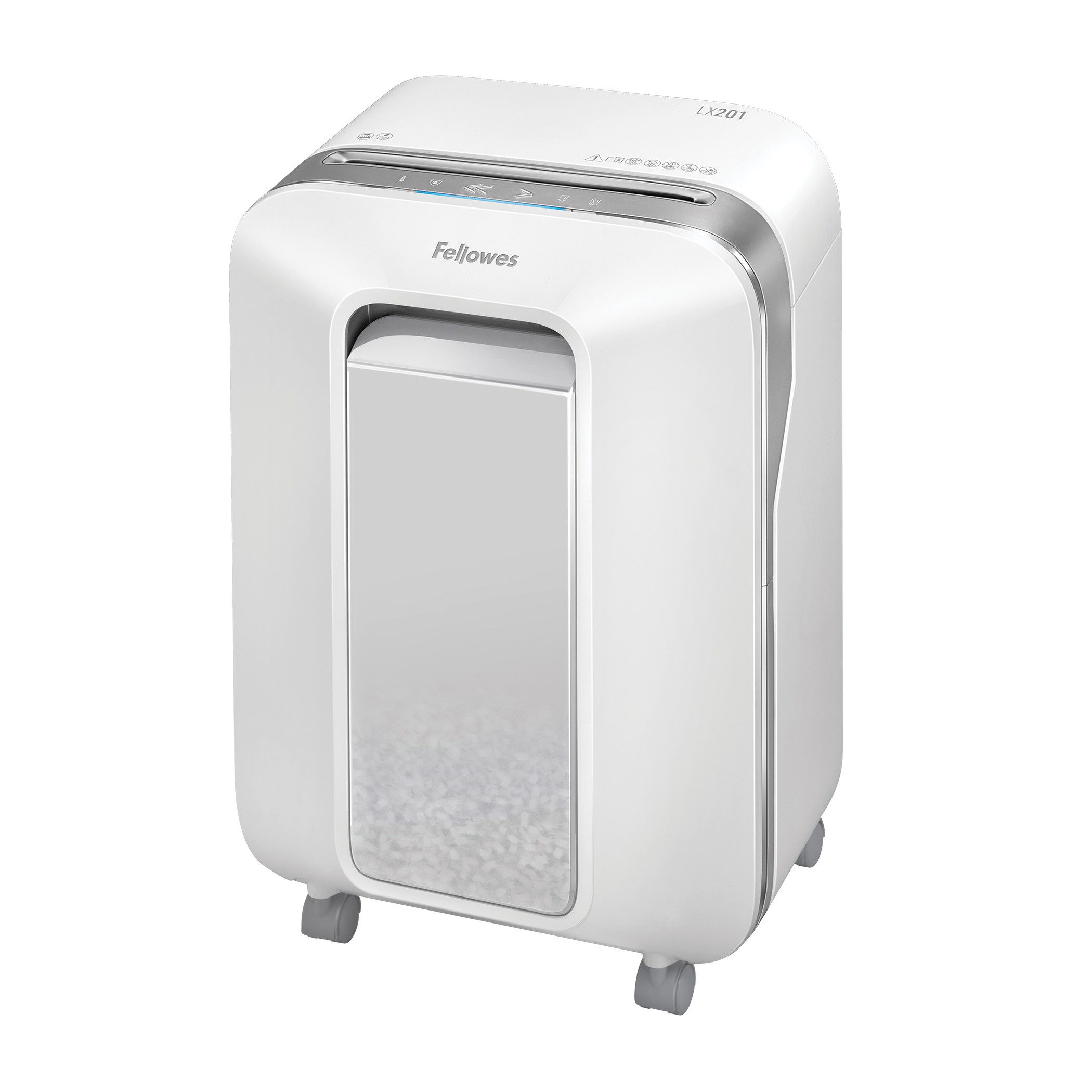 FELLOWES Aktenvernichter Fellowes Aktenvernichter LX201 Mikroschnitt 2x12mm P5 Weiß Rollen, SafeSense, IntelliBar, Schlaf Modus, Mikroschnitt P-5, 22L, Rollen