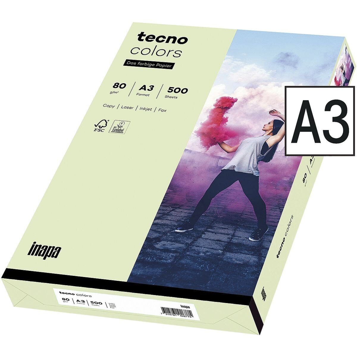 Inapa tecno Drucker- und Kopierpapier Rainbow / tecno Colors, Pastellfarben, Format DIN A3, 80 g/m², 500 Blatt hellgrün