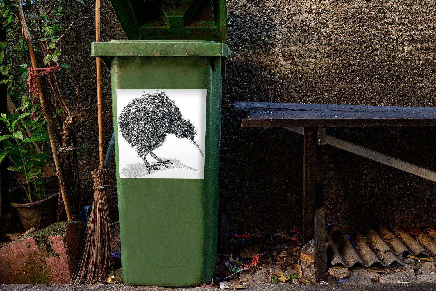 Mülleimer-aufkleber, Weiß Wandsticker Sticker, (1 in Schwarz eines Kiwi-Vogels Abfalbehälter Illustration St), Mülltonne, Container, und MuchoWow