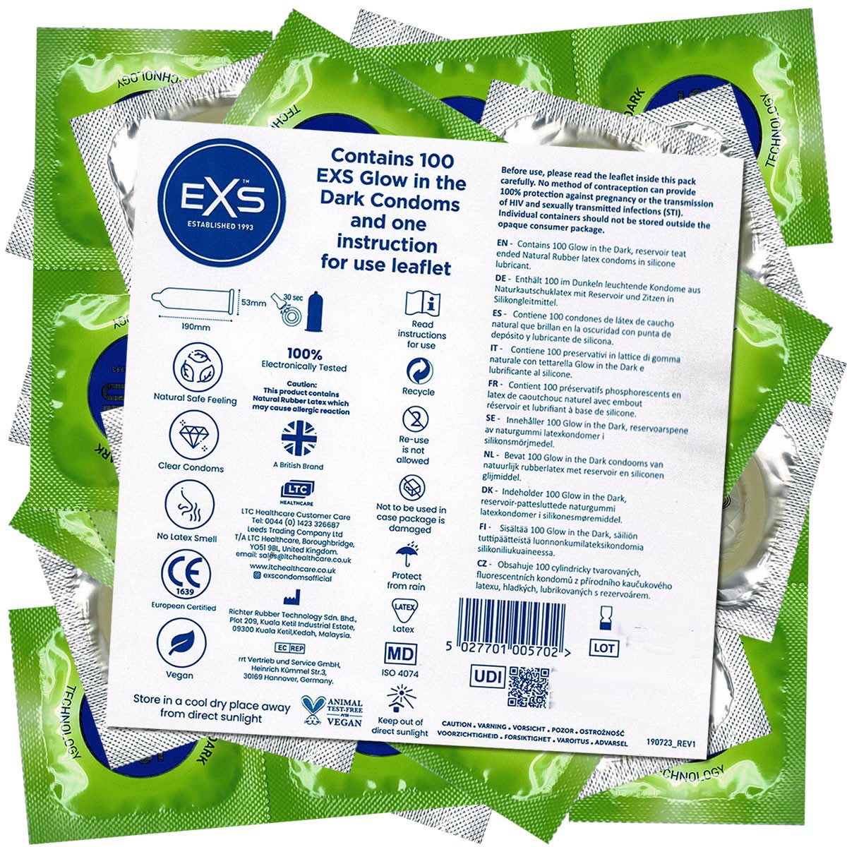 EXS Kondome Glow in the Dark Condoms - Leuchtkondome Packung mit, 100 St., fluoreszierende Kondome mit Leuchteffekt, leuchten im Dunkeln