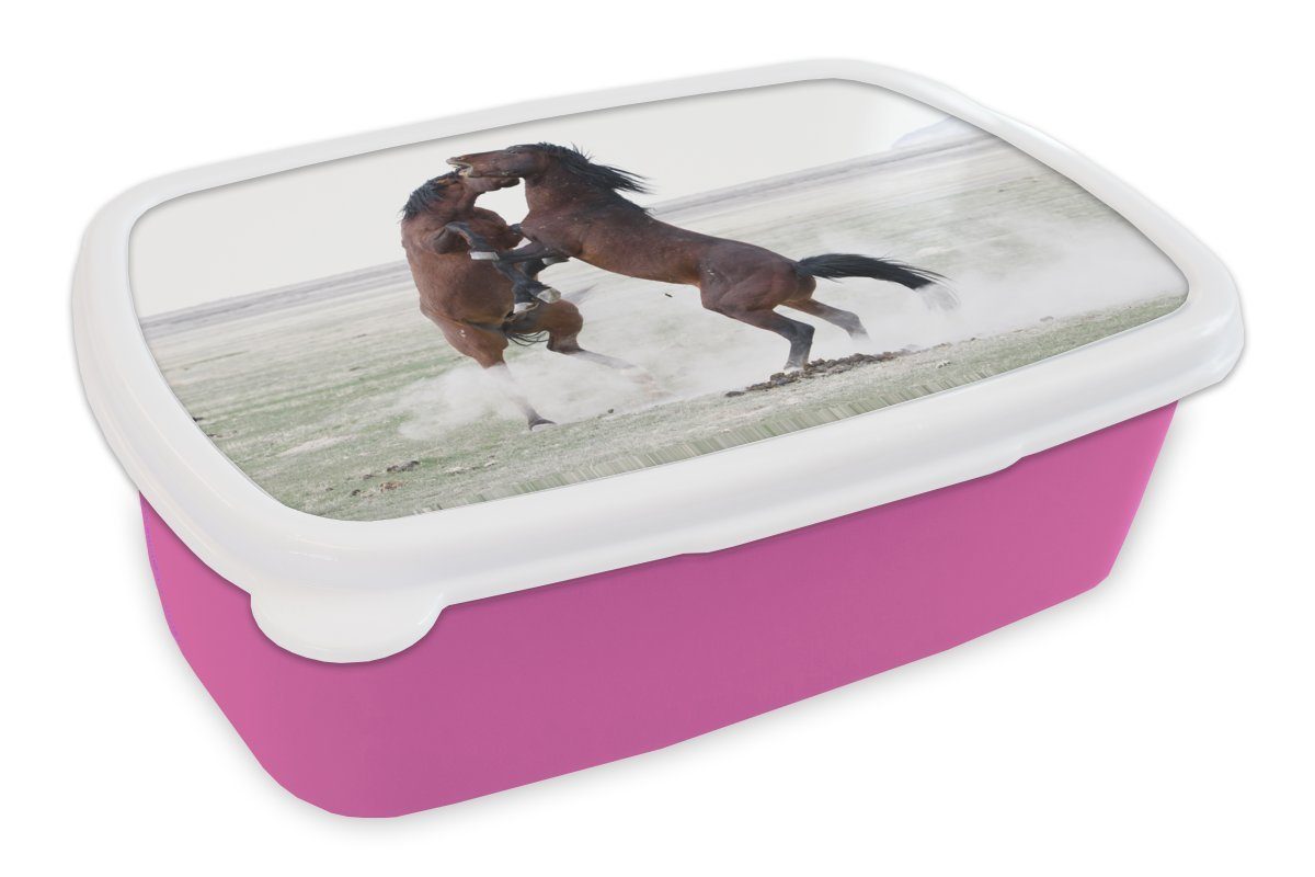 MuchoWow Lunchbox Wildpferde testen sich gegenseitig, Kunststoff, (2-tlg), Brotbox für Erwachsene, Brotdose Kinder, Snackbox, Mädchen, Kunststoff rosa