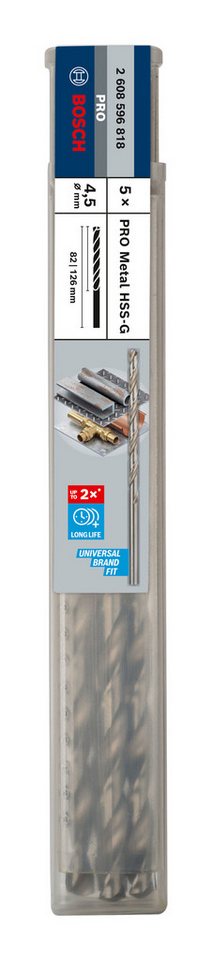 Thumbnail - BOSCH Metallbohrer Pro Metal HSS-G, (5 Stück), 4,5 x 82 x 126 mm - 5er-Pack