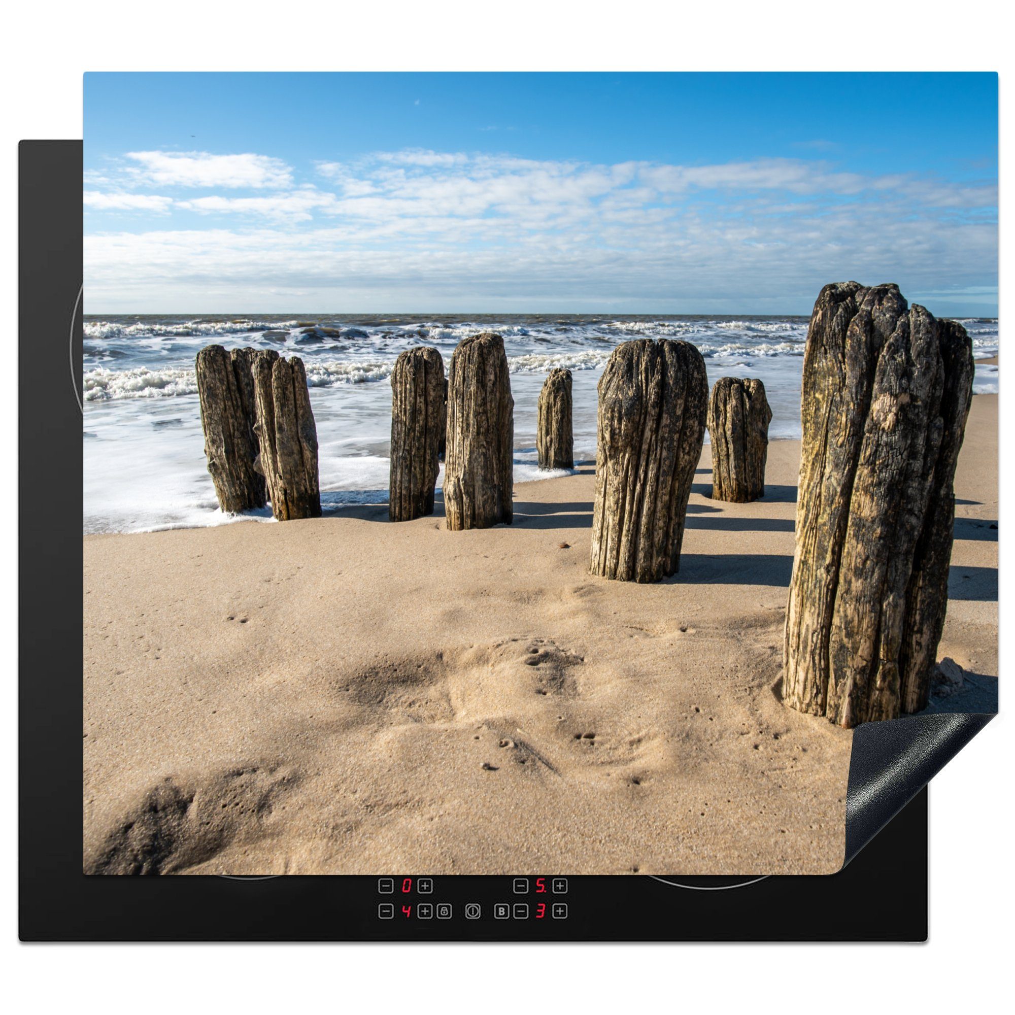 MuchoWow Herd-Abdeckplatte Sand – Strand – Pfahl – Wasser – Sommer, Vinyl, (1 tlg), Ceranfeldabdeckung Küche, Herdabdeckplatte Einteilig, 60×52 cm