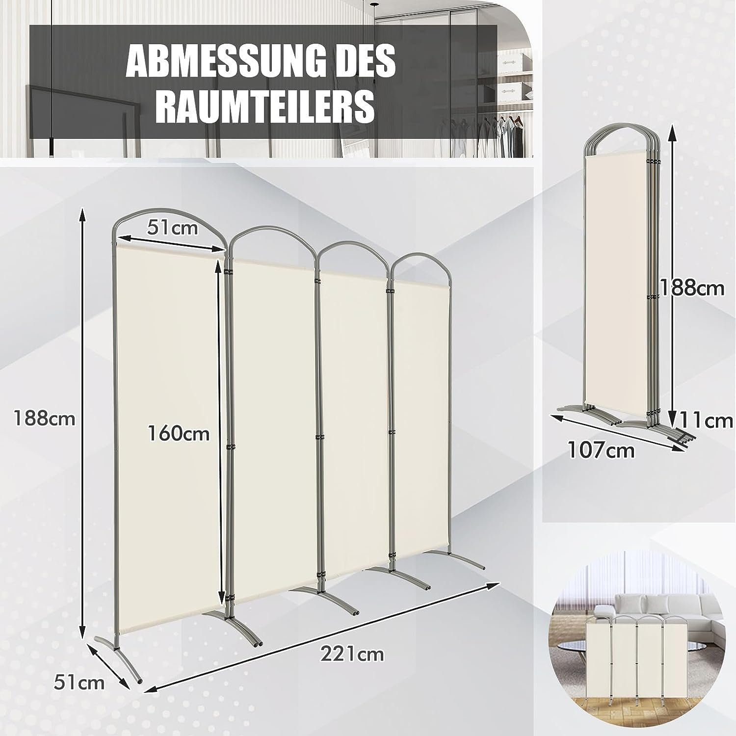 KOMFOTTEU Sichtschutz, 4-Teiliger cm, weiß Raumteiler 188