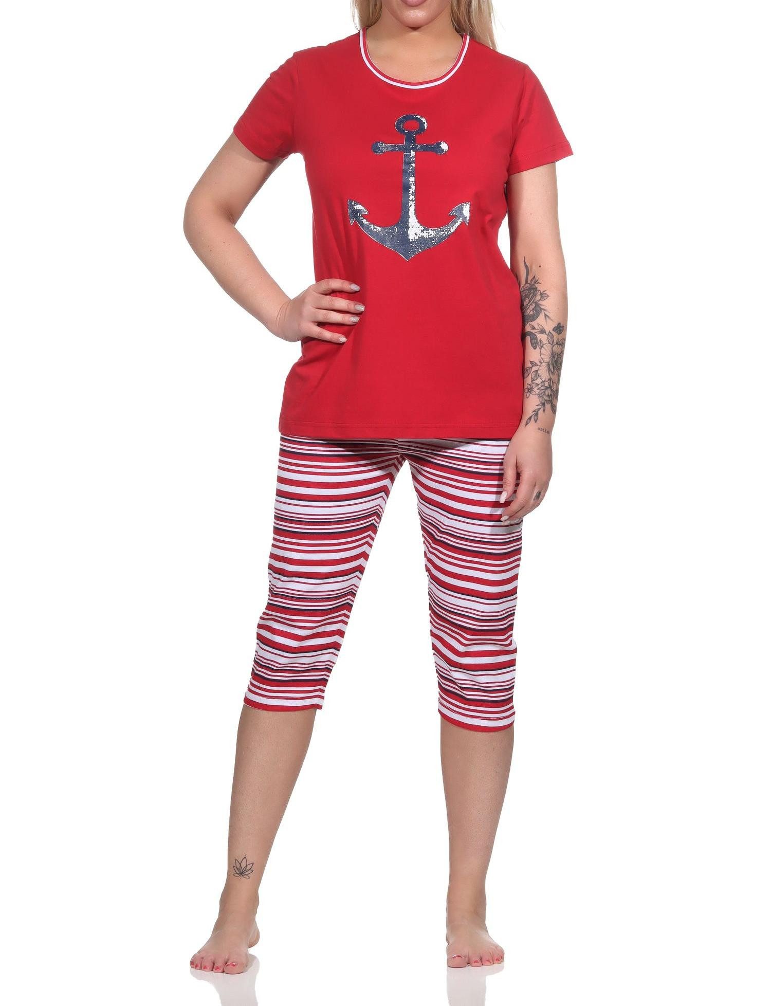 Normann Pyjama Damen Capri Schlafanzug kurzarm Pyjama mit Anker-Motiv und Ringeln